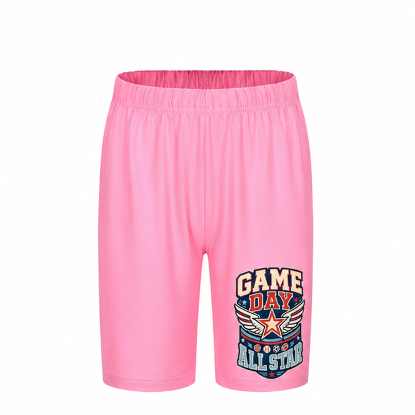 Pink option for Game Day All Star Custom Kids Milk-Silk Pajama Shorts, AI-redrawn from the exact blank product and approved logo reference