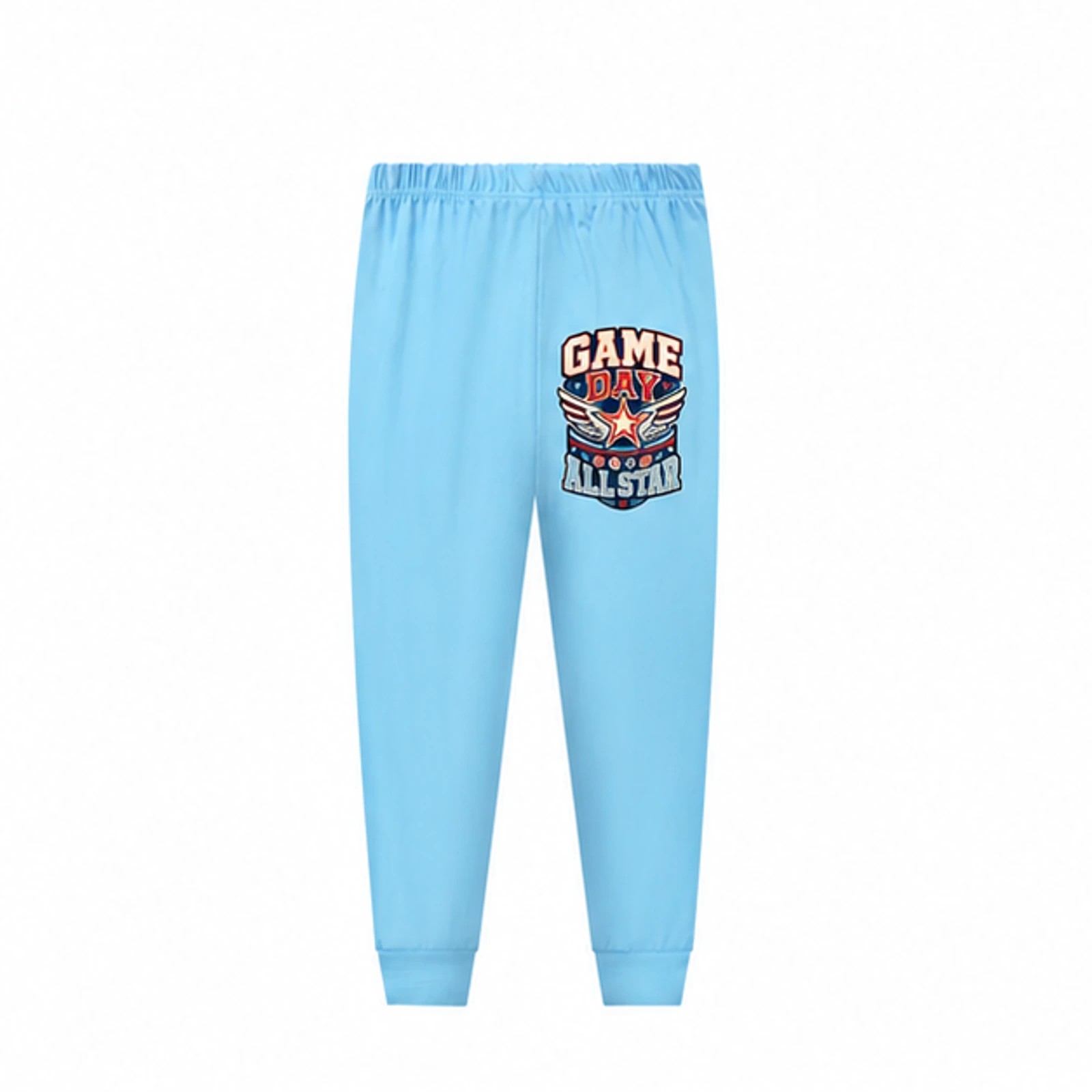 Game Day All Star Custom Kids Long Pajama Pants — Pants Only, AI-redrawn from the exact blank product and approved logo reference, alternate clean ecommerce view