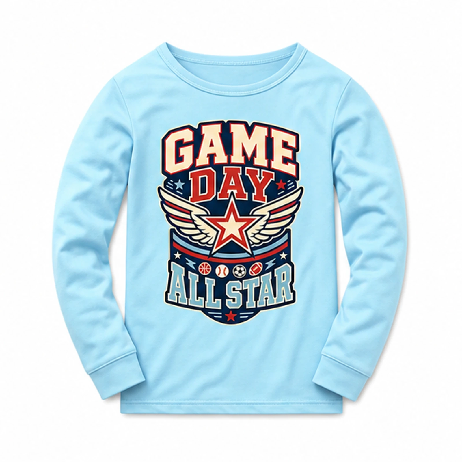 Light Blue · Pajama Top option for Game Day All Star Custom Kids Long-Sleeve Pajama Top, AI-redrawn from the exact blank product and approved logo reference