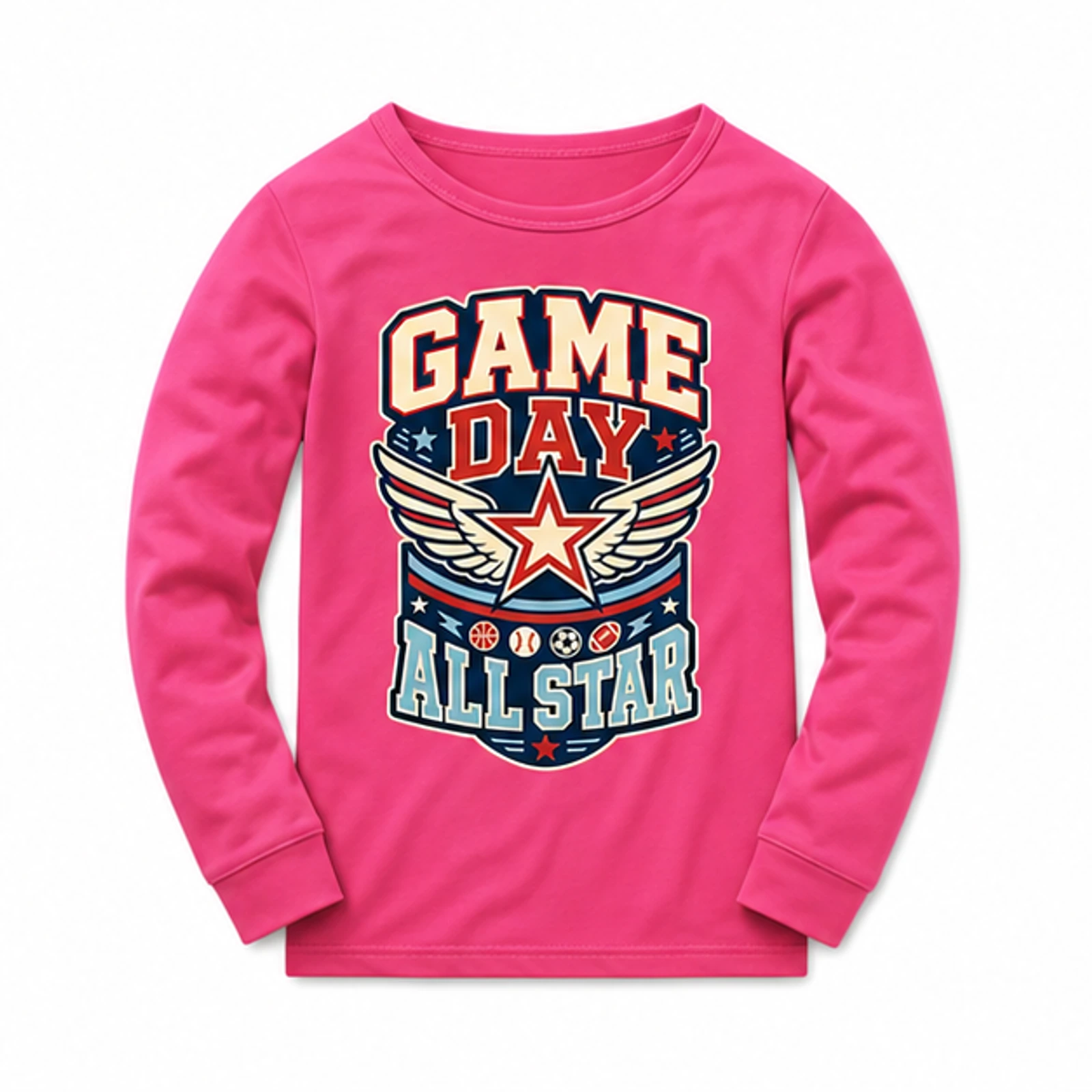 Game Day All Star Custom Kids Long-Sleeve Pajama Top, AI-redrawn from the exact blank product and approved logo reference, alternate clean ecommerce view