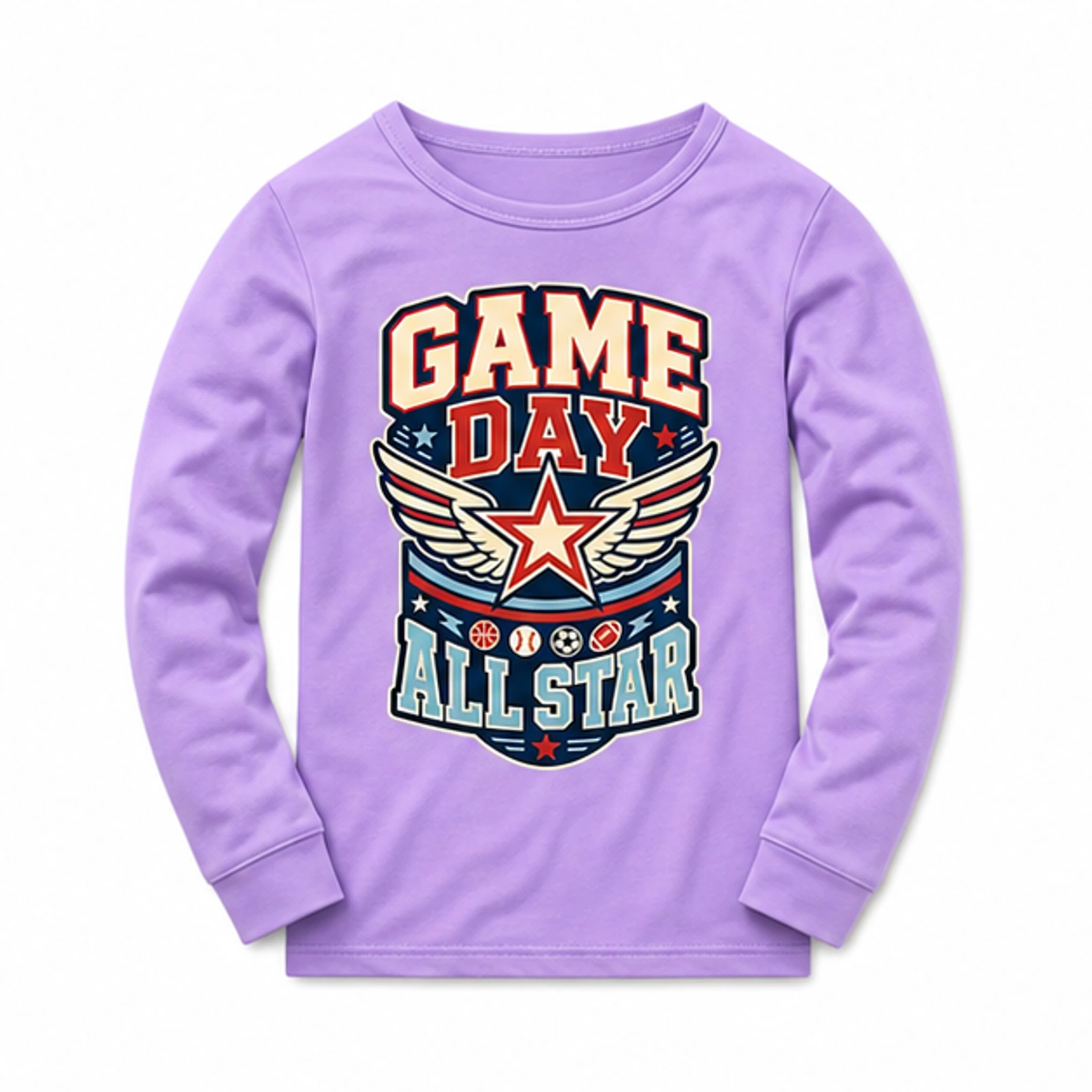 Game Day All Star Custom Kids Long-Sleeve Pajama Top, AI-redrawn from the exact blank product and approved logo reference