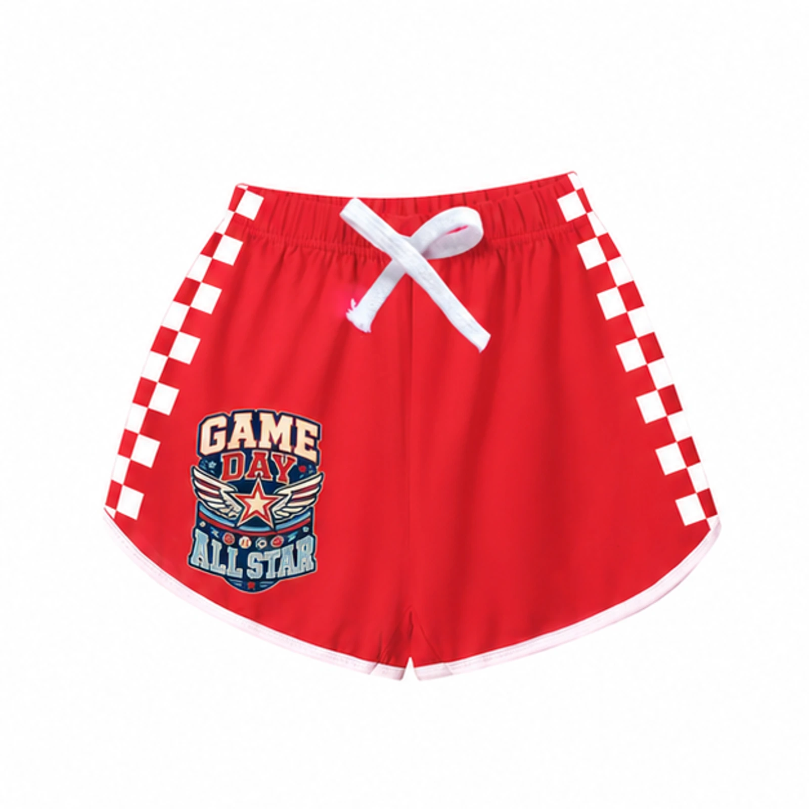 Red · Polka-Dot Style option for Game Day All Star Custom Kids Checker-Stripe Pajama Shorts, AI-redrawn from the exact blank product and approved logo reference