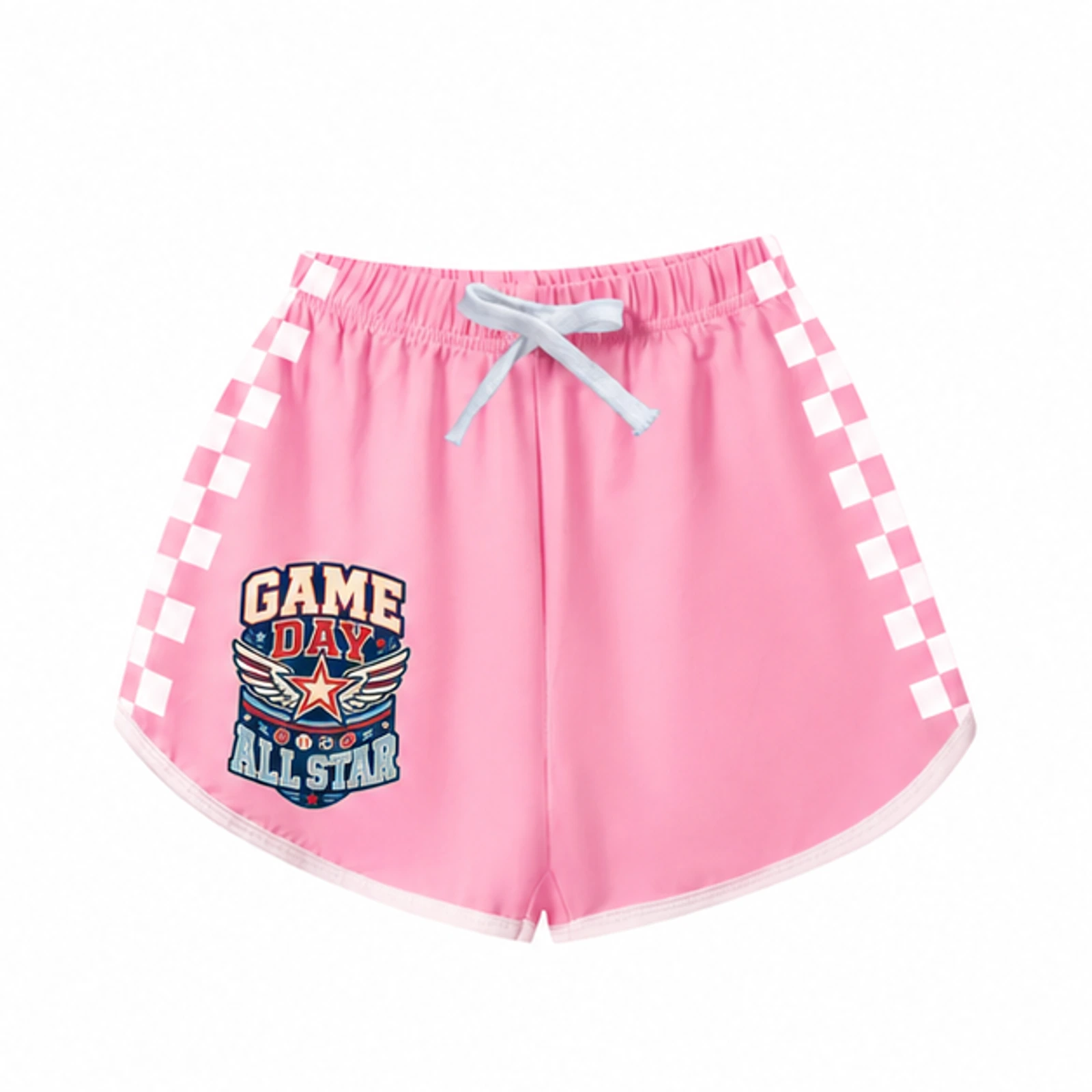 Game Day All Star Custom Kids Checker-Stripe Pajama Shorts, AI-redrawn from the exact blank product and approved logo reference, alternate approved color view