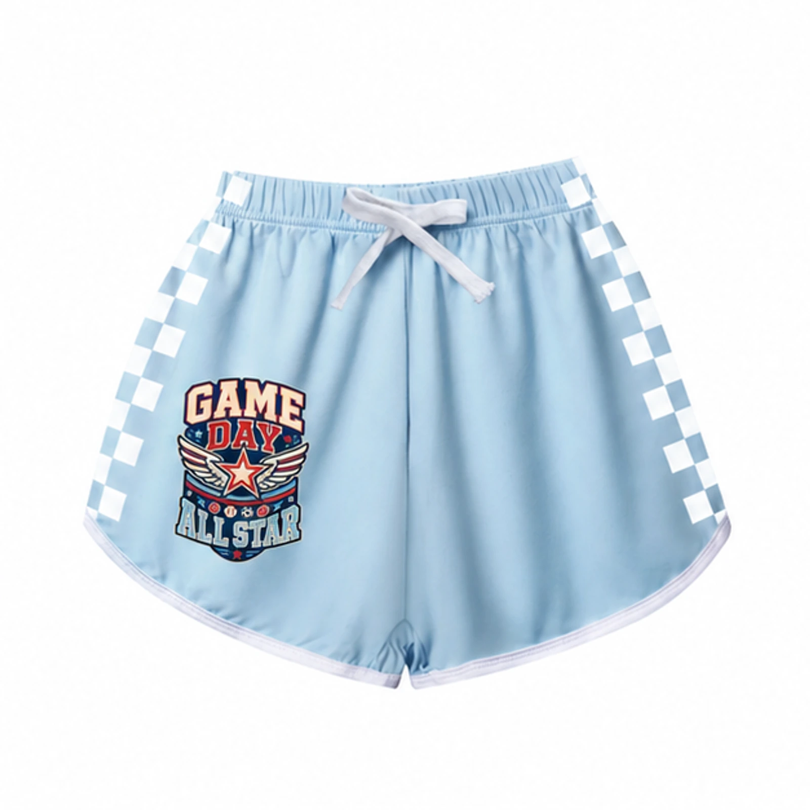 Game Day All Star Custom Kids Checker-Stripe Pajama Shorts, AI-redrawn from the exact blank product and approved logo reference, alternate clean ecommerce view
