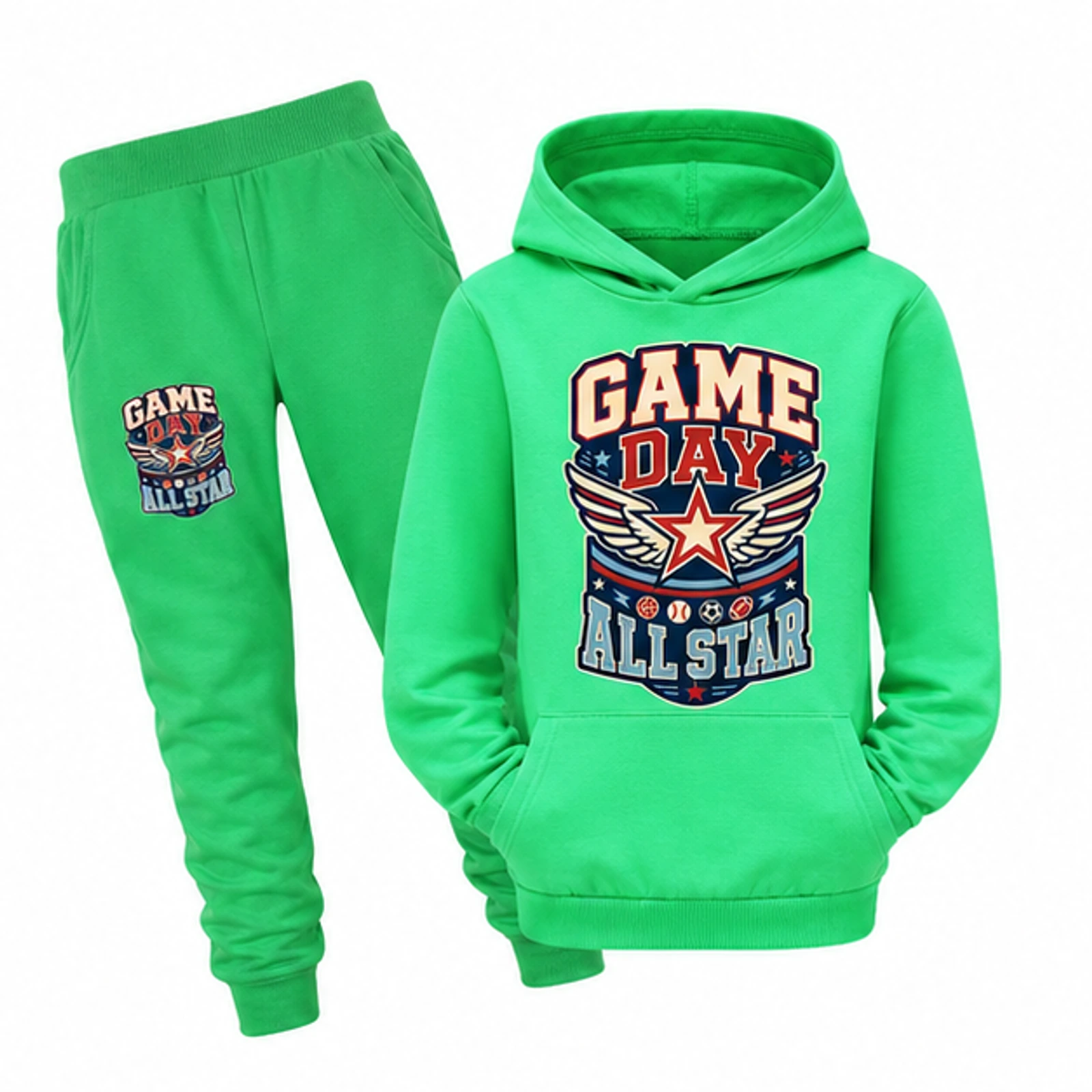 Game Day All Star Custom Kids Pullover Hoodie and Jogger Set, AI-redrawn from the exact blank product and approved logo reference, alternate approved color view