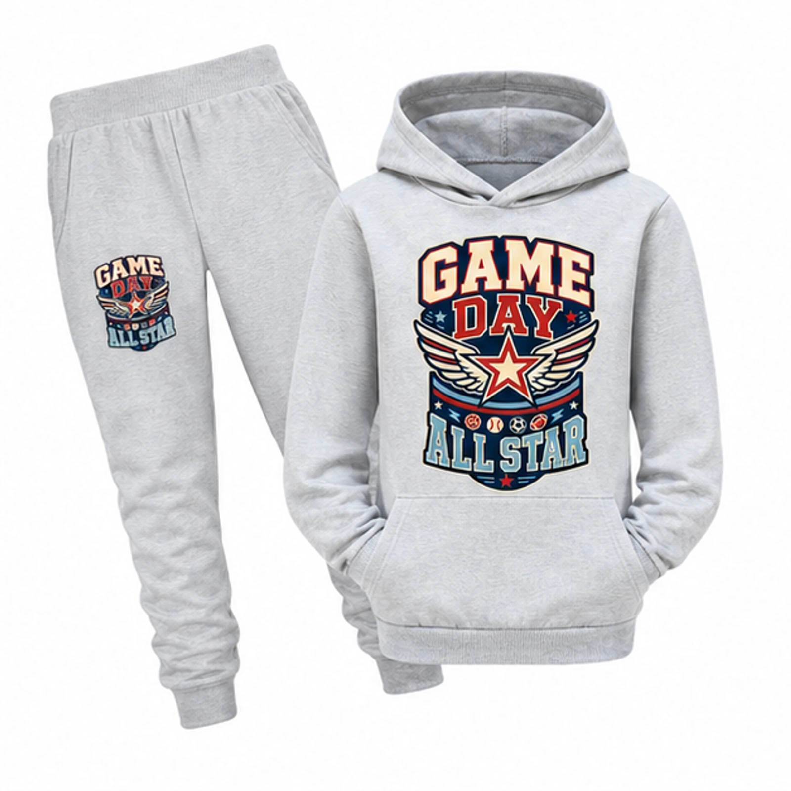 Game Day All Star Custom Kids Pullover Hoodie and Jogger Set, AI-redrawn from the exact blank product and approved logo reference, alternate clean ecommerce view