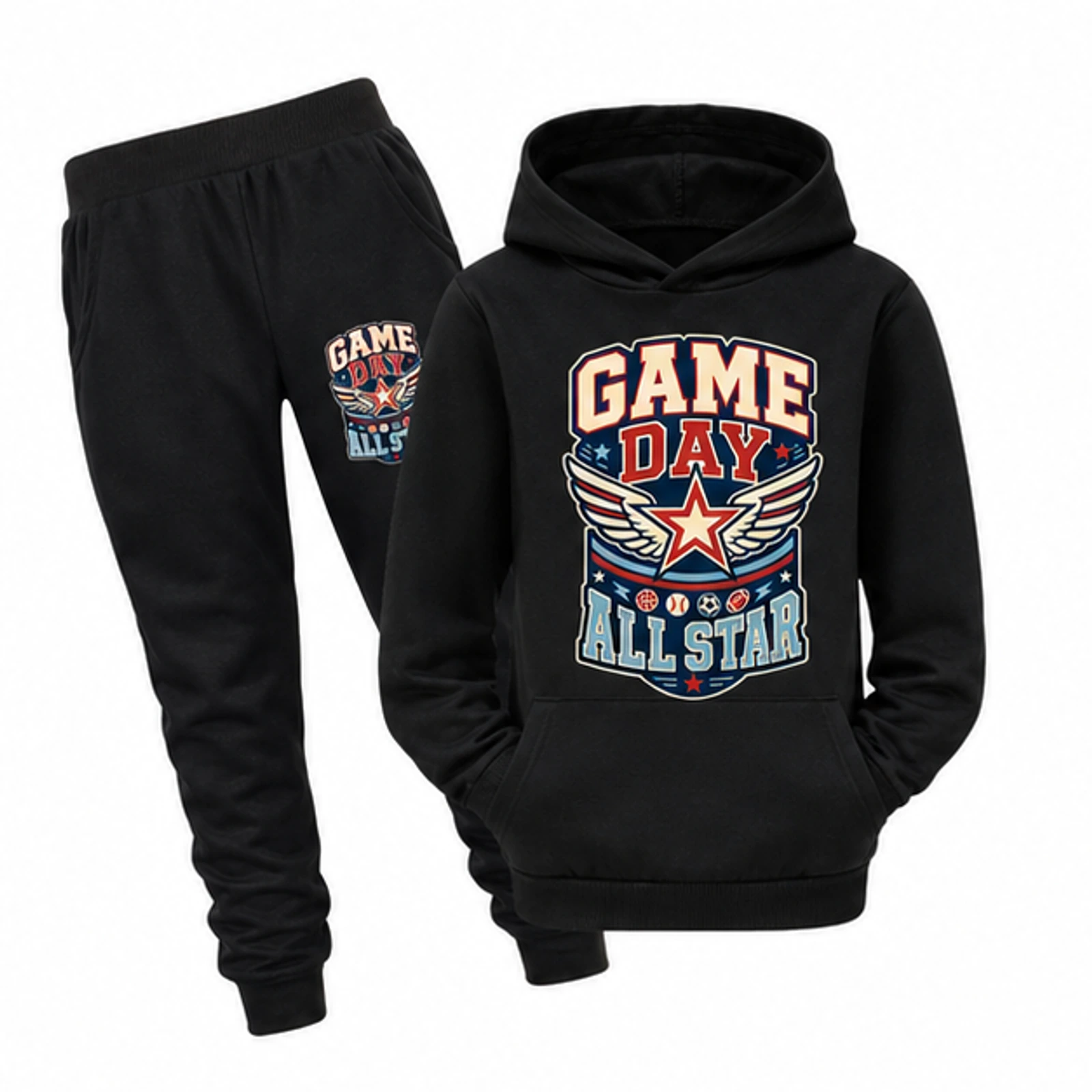 Game Day All Star Custom Kids Pullover Hoodie and Jogger Set, AI-redrawn from the exact blank product and approved logo reference