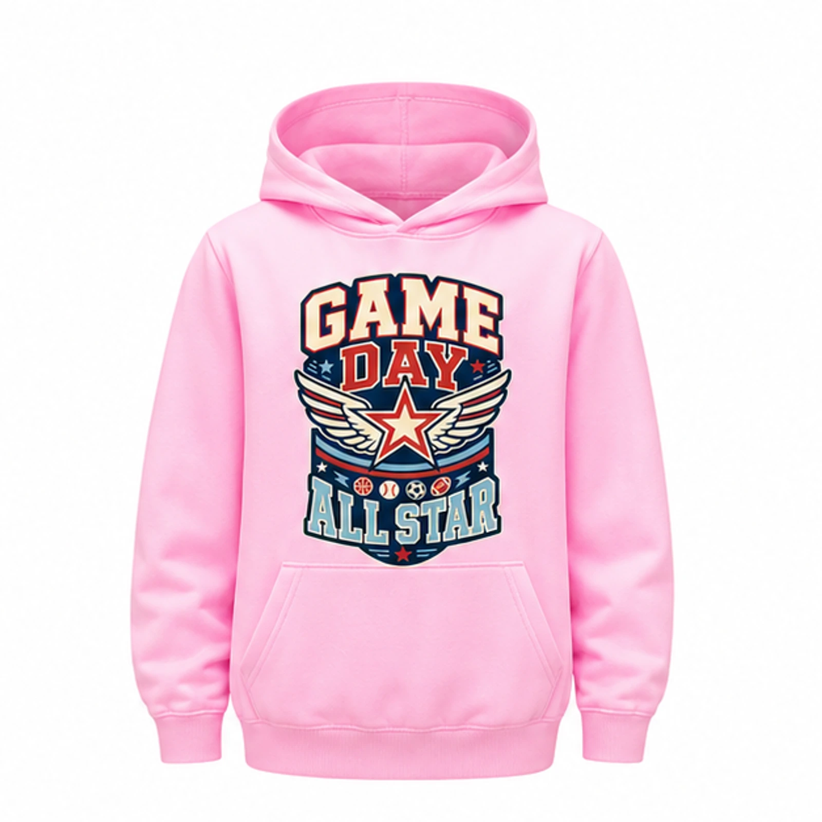 Pink option for Game Day All Star Custom Kids Pullover Hoodie, AI-redrawn from the exact blank product and approved logo reference
