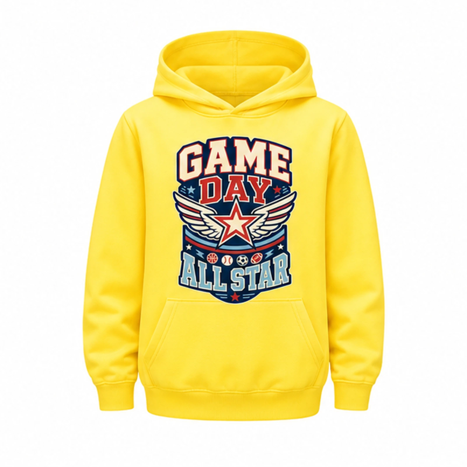 Game Day All Star Custom Kids Pullover Hoodie, AI-redrawn from the exact blank product and approved logo reference, alternate clean ecommerce view