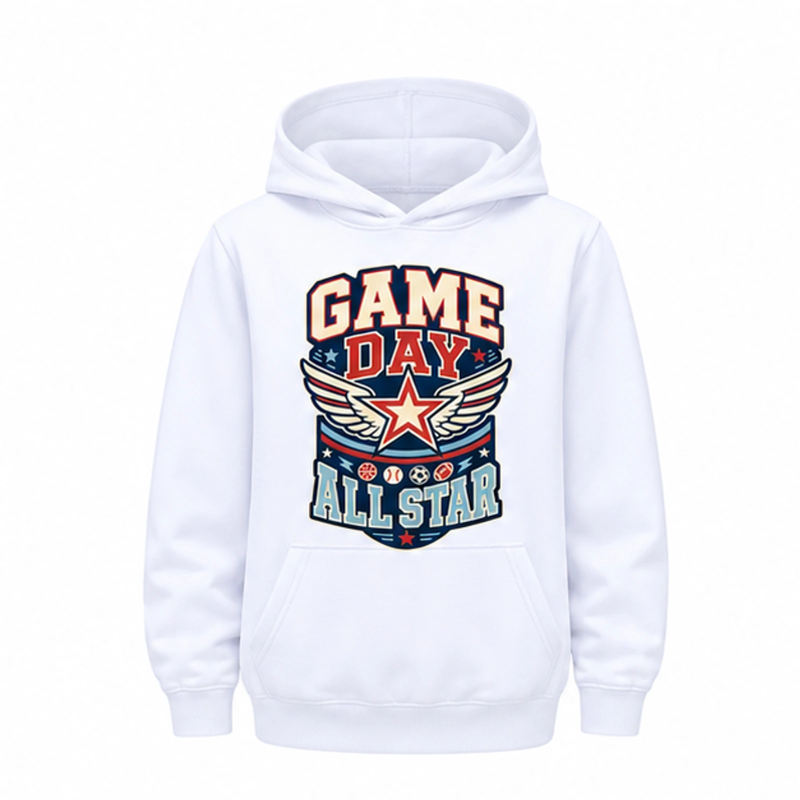 Game Day All Star Custom Kids Pullover Hoodie, AI-redrawn from the exact blank product and approved logo reference