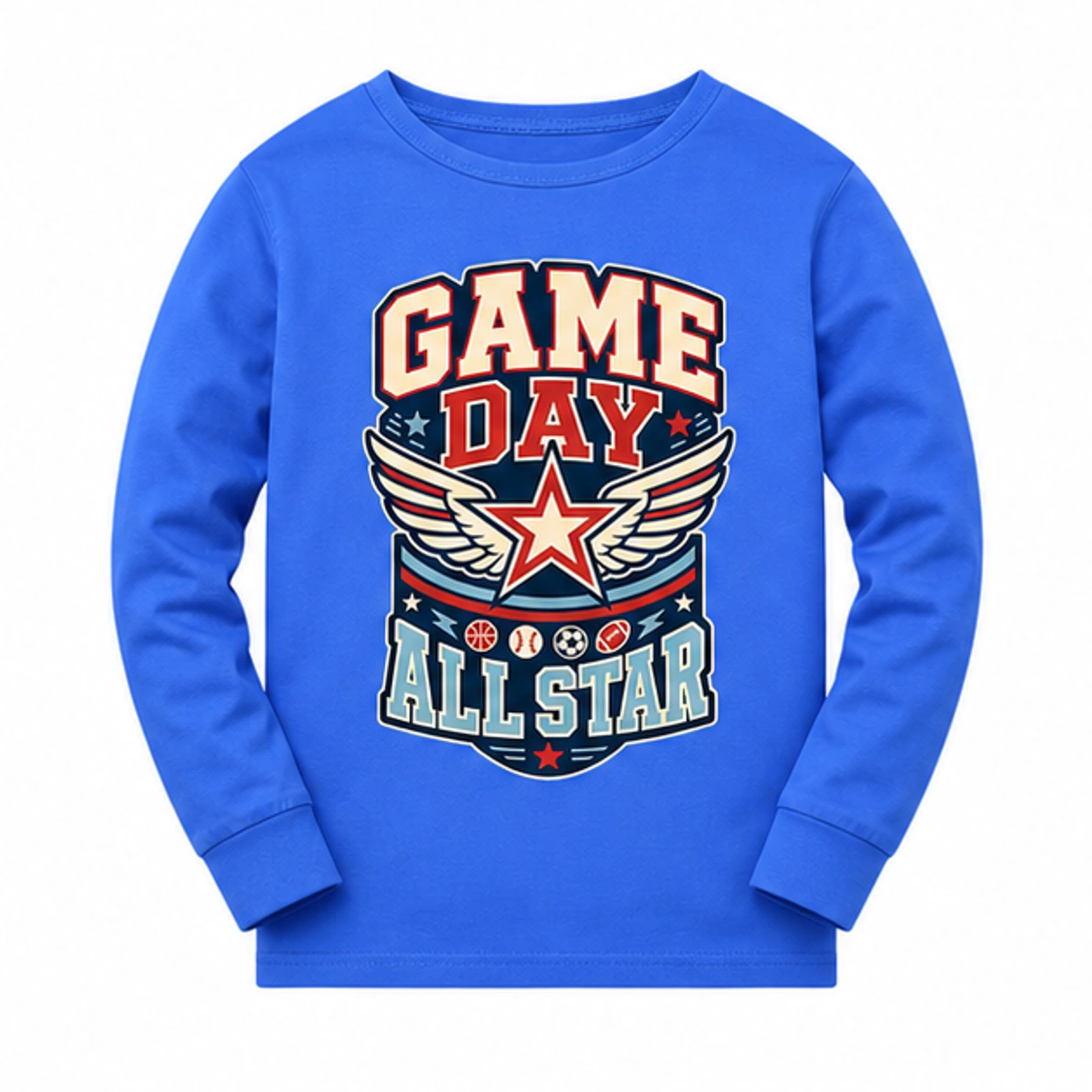 Blue · Long-Sleeve Style option for Game Day All Star Custom Kids Soft Long-Sleeve Top, AI-redrawn from the exact blank product and approved logo reference