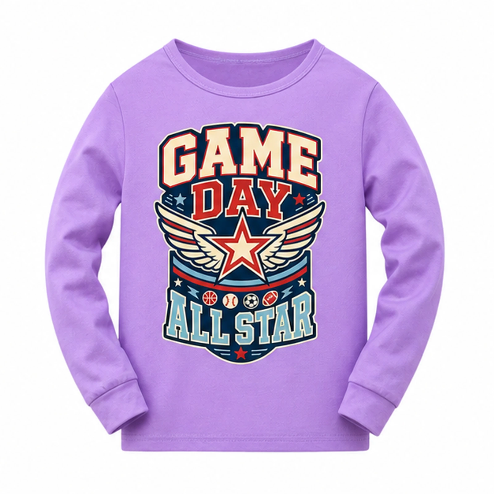 Game Day All Star Custom Kids Soft Long-Sleeve Top, AI-redrawn from the exact blank product and approved logo reference, alternate approved color view