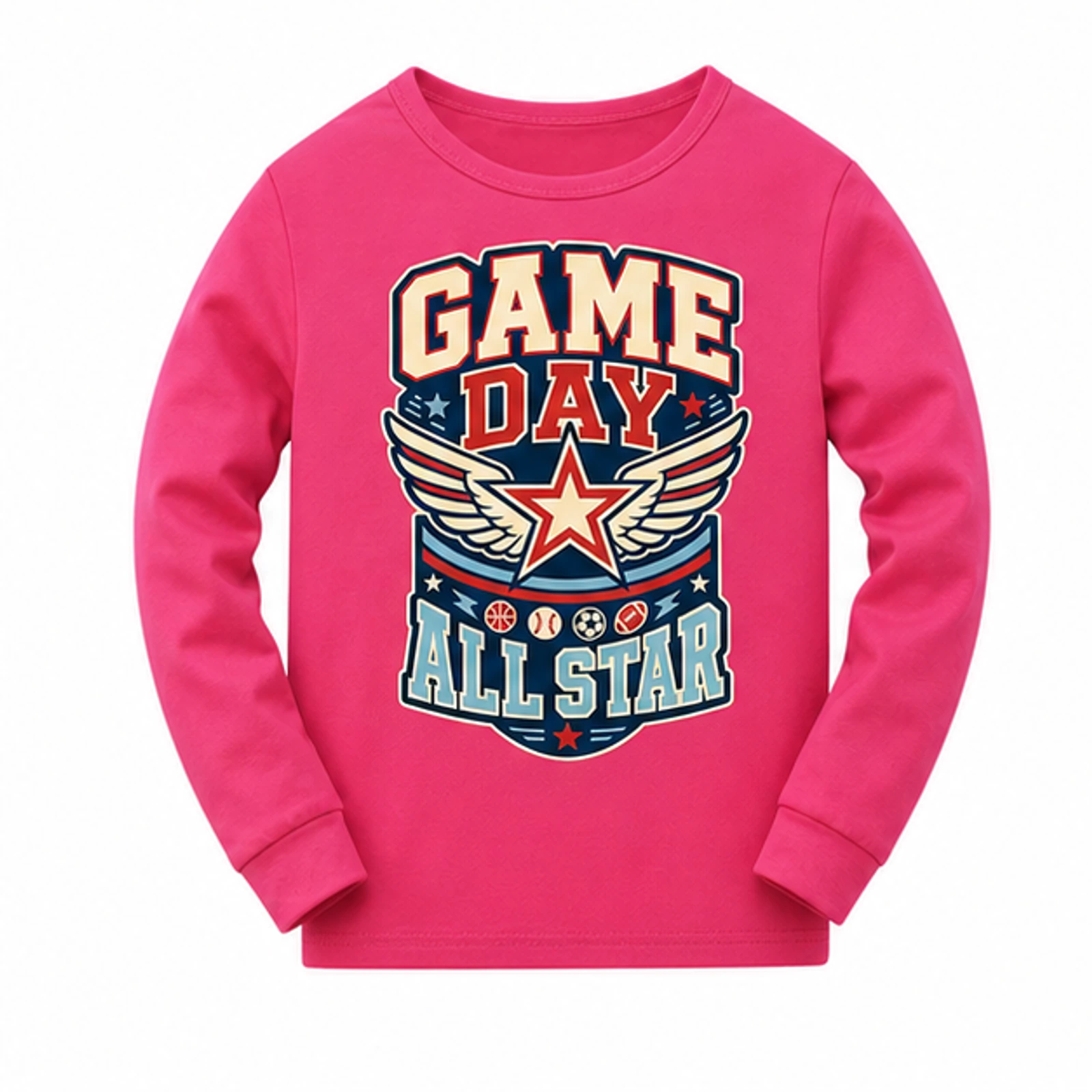 Game Day All Star Custom Kids Soft Long-Sleeve Top, AI-redrawn from the exact blank product and approved logo reference, alternate clean ecommerce view
