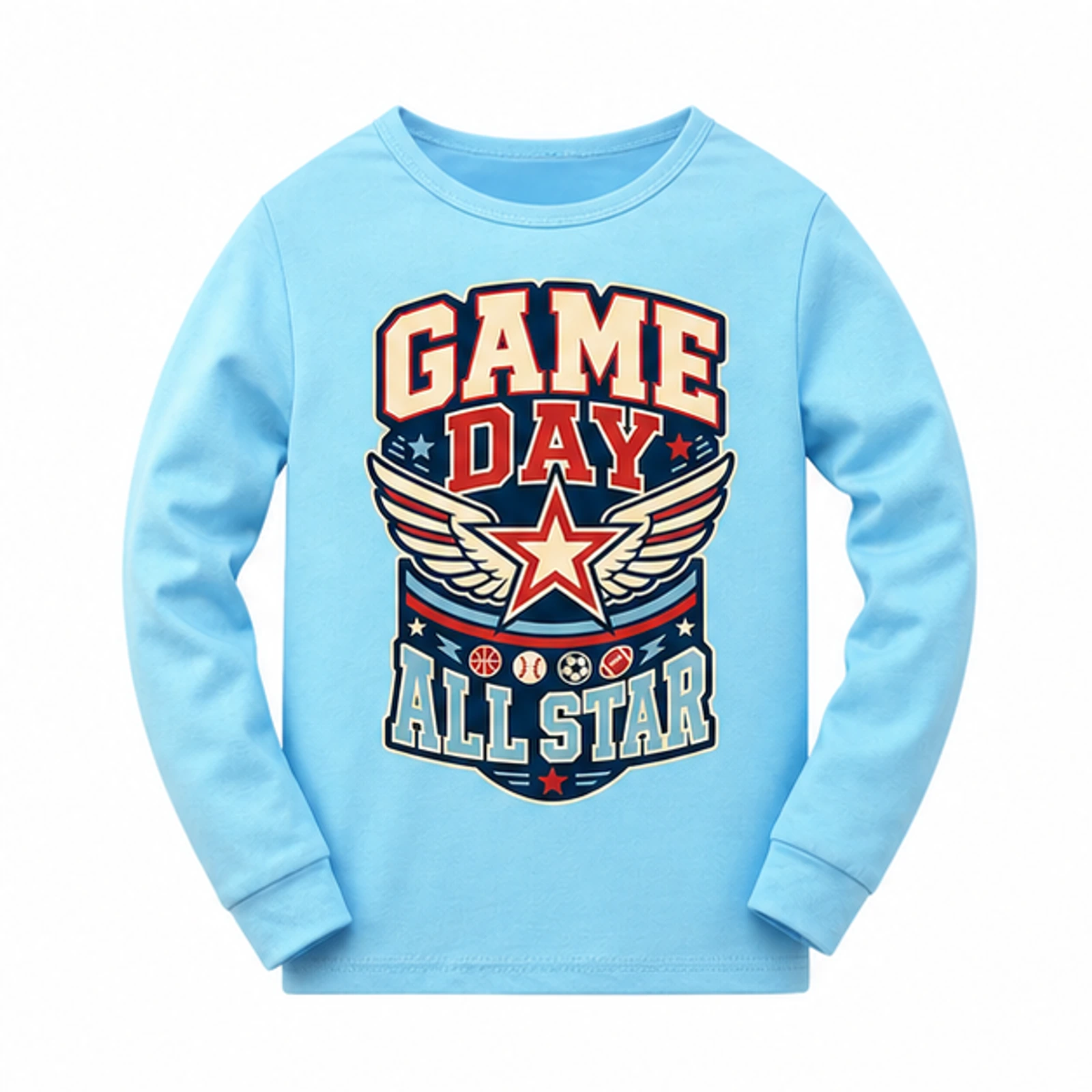 Game Day All Star Custom Kids Soft Long-Sleeve Top, AI-redrawn from the exact blank product and approved logo reference