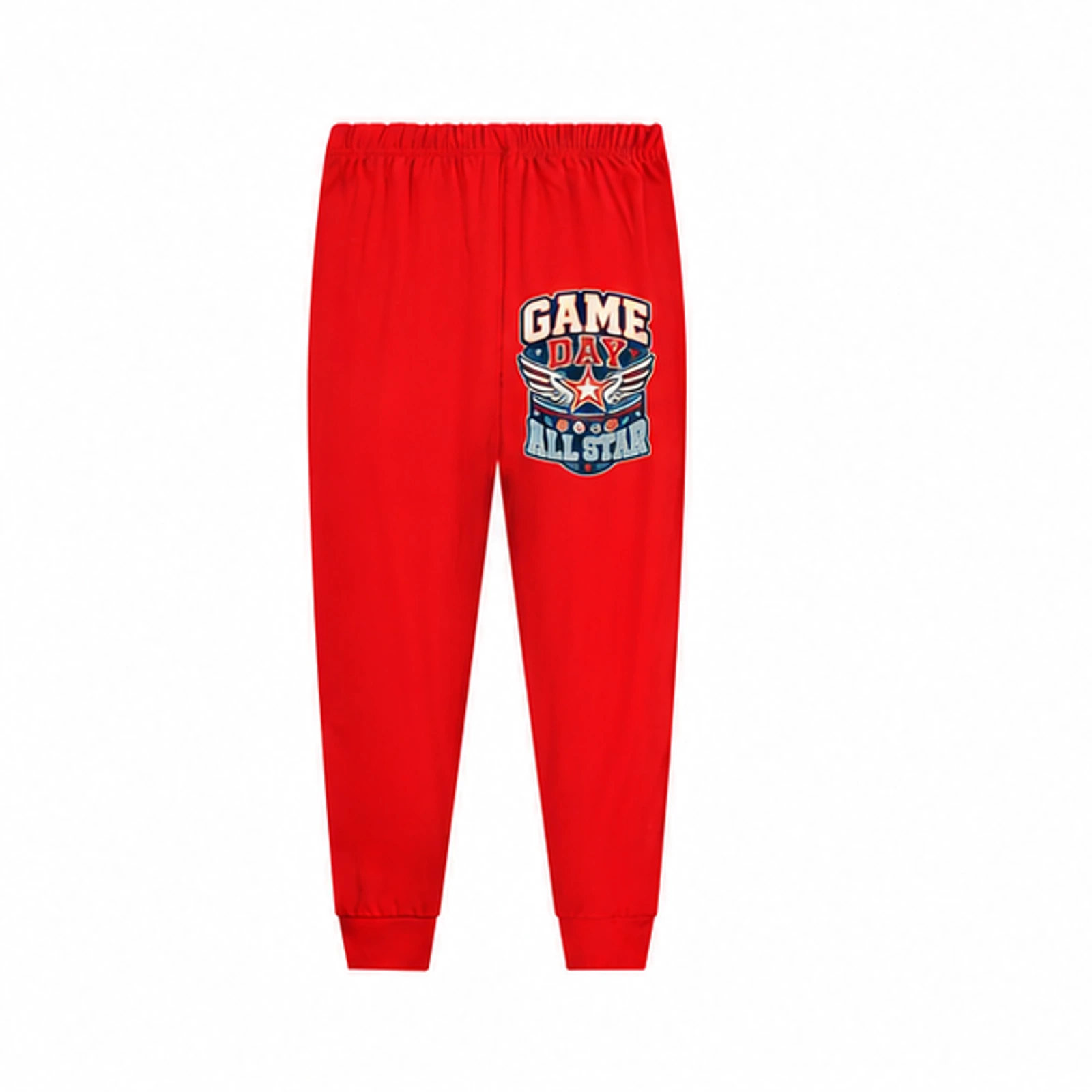 Game Day All Star Custom Kids Soft Pajama Pants, AI-redrawn from the exact blank product and approved logo reference, alternate clean ecommerce view