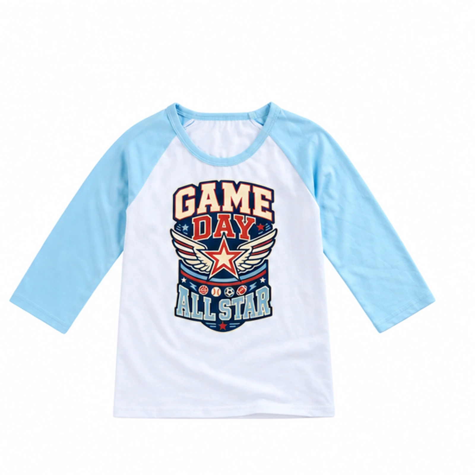 Game Day All Star Custom Kids Soft Three-Quarter-Sleeve Top — Alternate Style, AI-redrawn from the exact blank product and approved logo reference, alternate approved color view