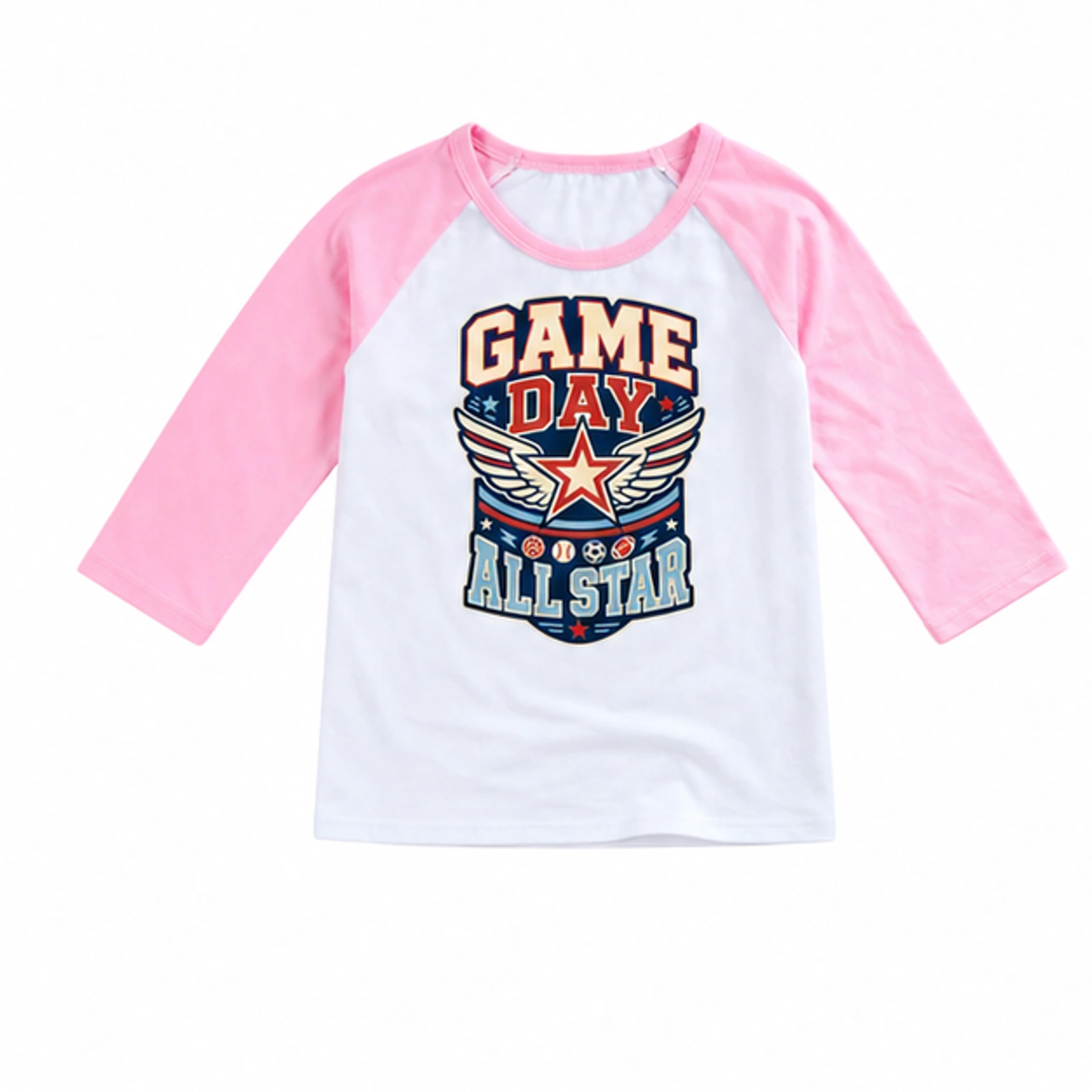 Game Day All Star Custom Kids Soft Three-Quarter-Sleeve Top — Alternate Style, AI-redrawn from the exact blank product and approved logo reference, alternate clean ecommerce view