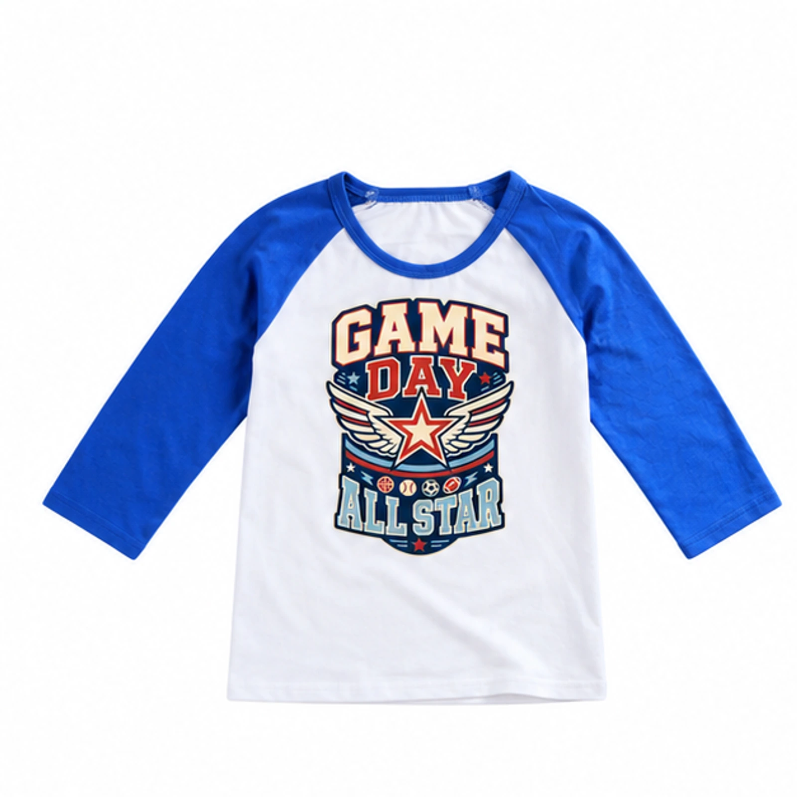 Game Day All Star Custom Kids Soft Three-Quarter-Sleeve Top — Alternate Style, AI-redrawn from the exact blank product and approved logo reference