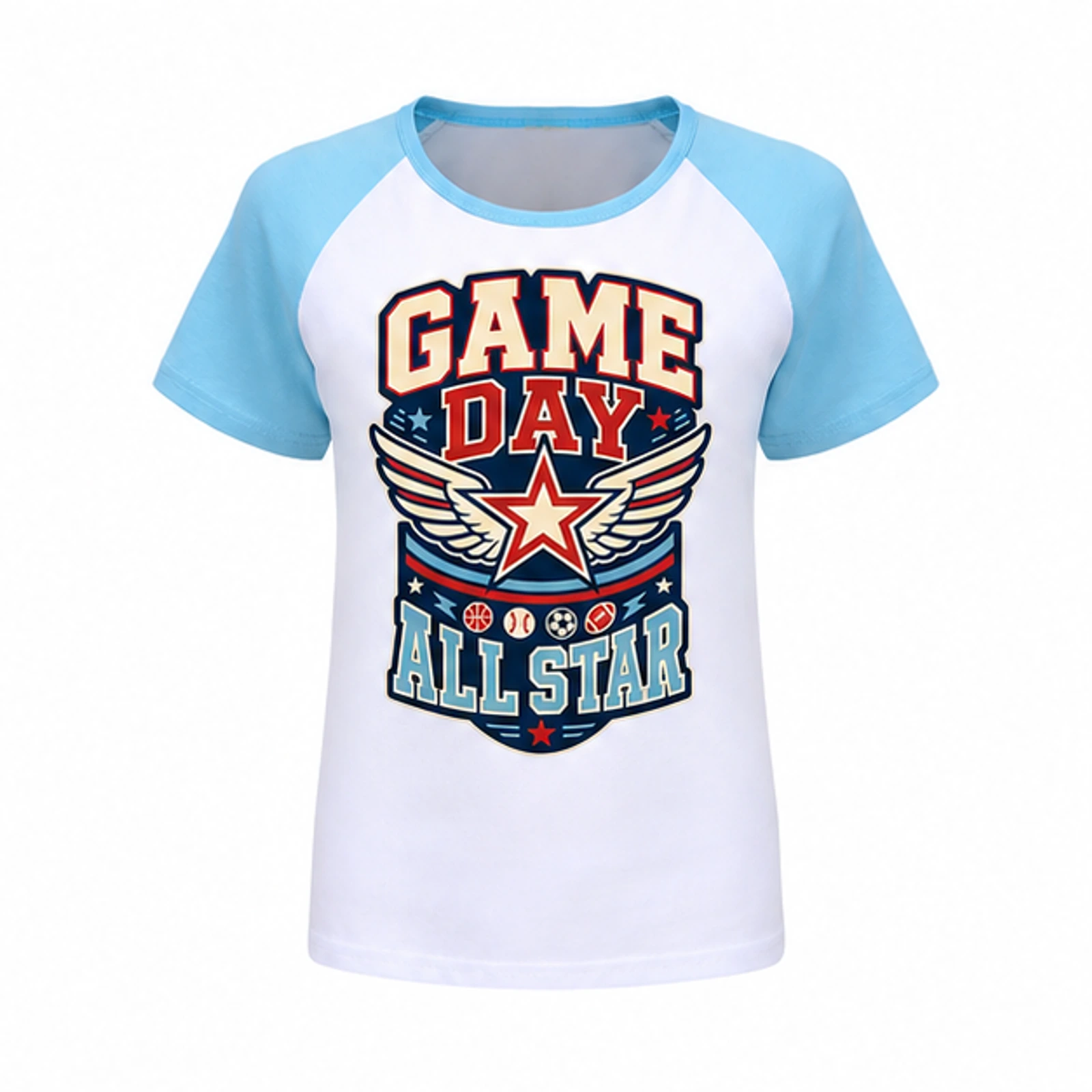 Light Blue · Short-Sleeve Style option for Game Day All Star Custom Kids Soft Short-Sleeve Top, AI-redrawn from the exact blank product and approved logo reference