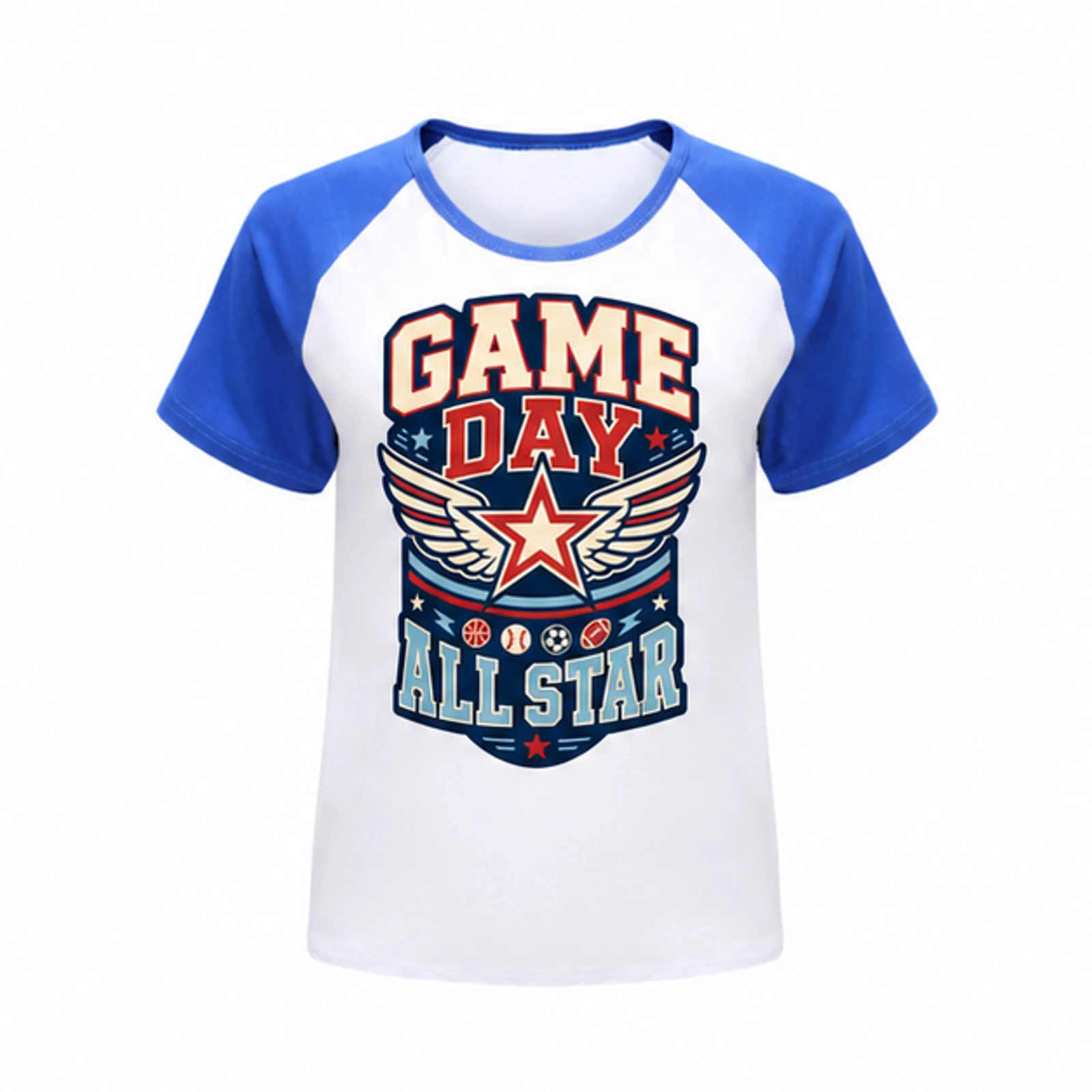 Blue · Short-Sleeve Style option for Game Day All Star Custom Kids Soft Short-Sleeve Top, AI-redrawn from the exact blank product and approved logo reference