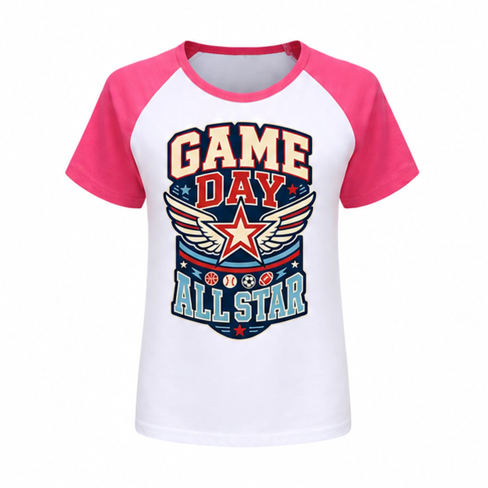 Game Day All Star Custom Kids Soft Short-Sleeve Top, AI-redrawn from the exact blank product and approved logo reference, alternate clean ecommerce view