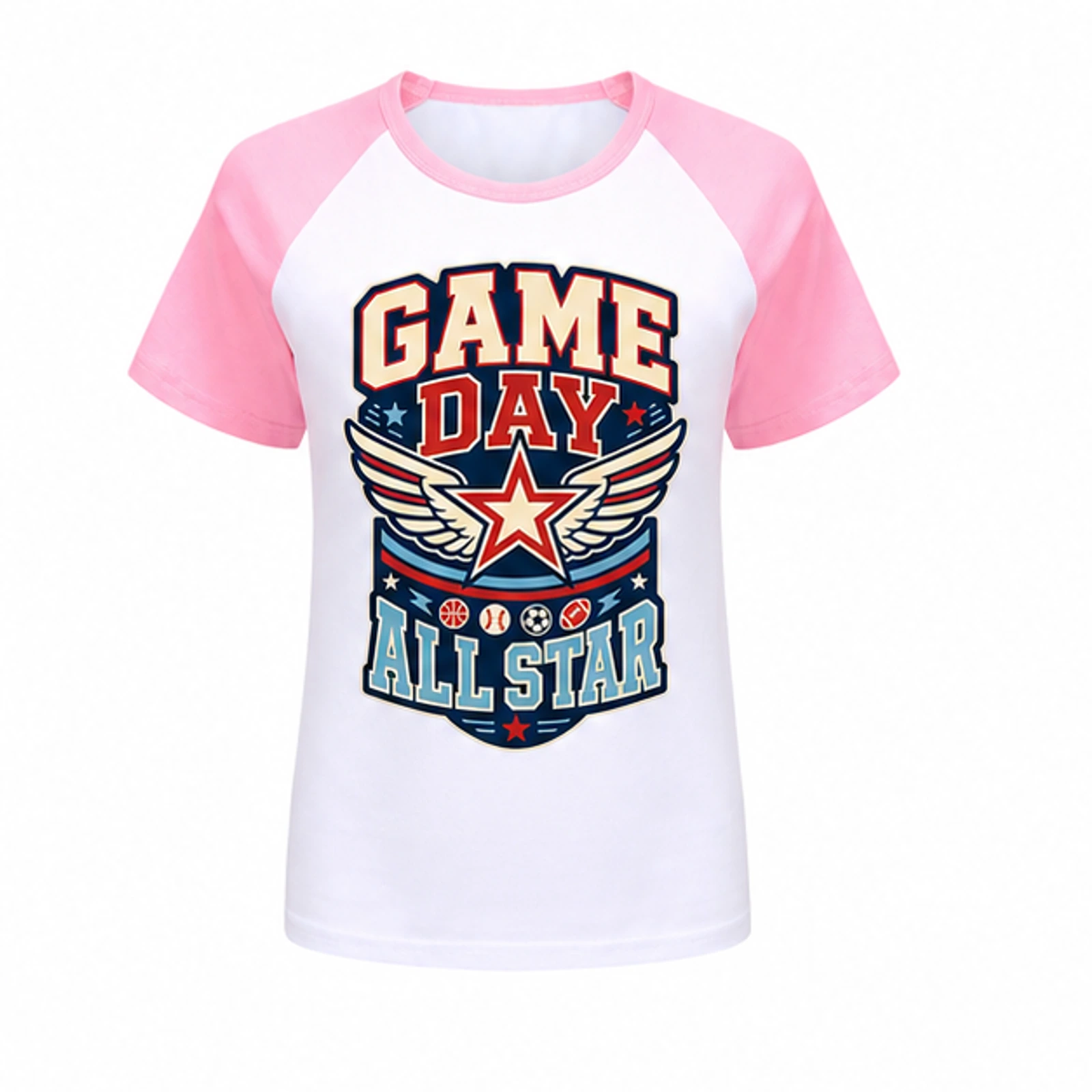 Game Day All Star Custom Kids Soft Short-Sleeve Top, AI-redrawn from the exact blank product and approved logo reference