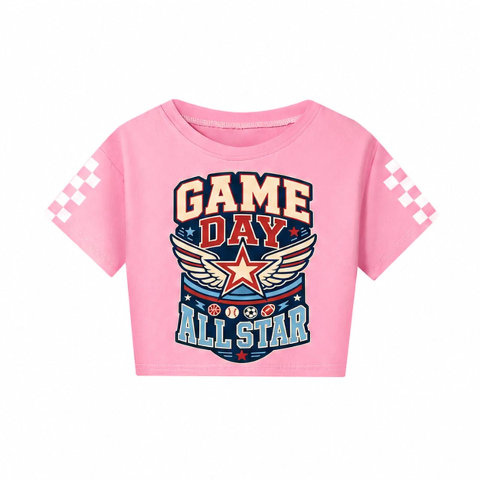 Pink option for Game Day All Star Custom Kids Checker-Sleeve Cropped Short-Sleeve Top, AI-redrawn from the exact blank product and approved logo reference