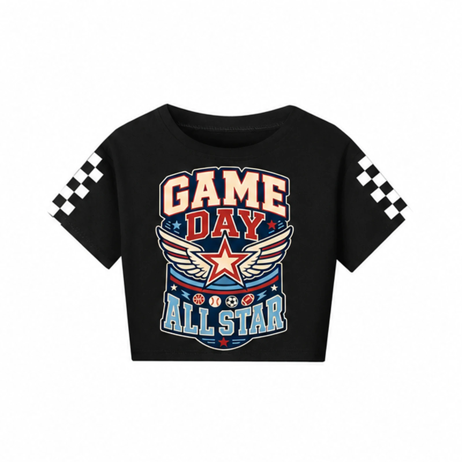 Game Day All Star Custom Kids Checker-Sleeve Cropped Short-Sleeve Top, AI-redrawn from the exact blank product and approved logo reference, alternate approved color view