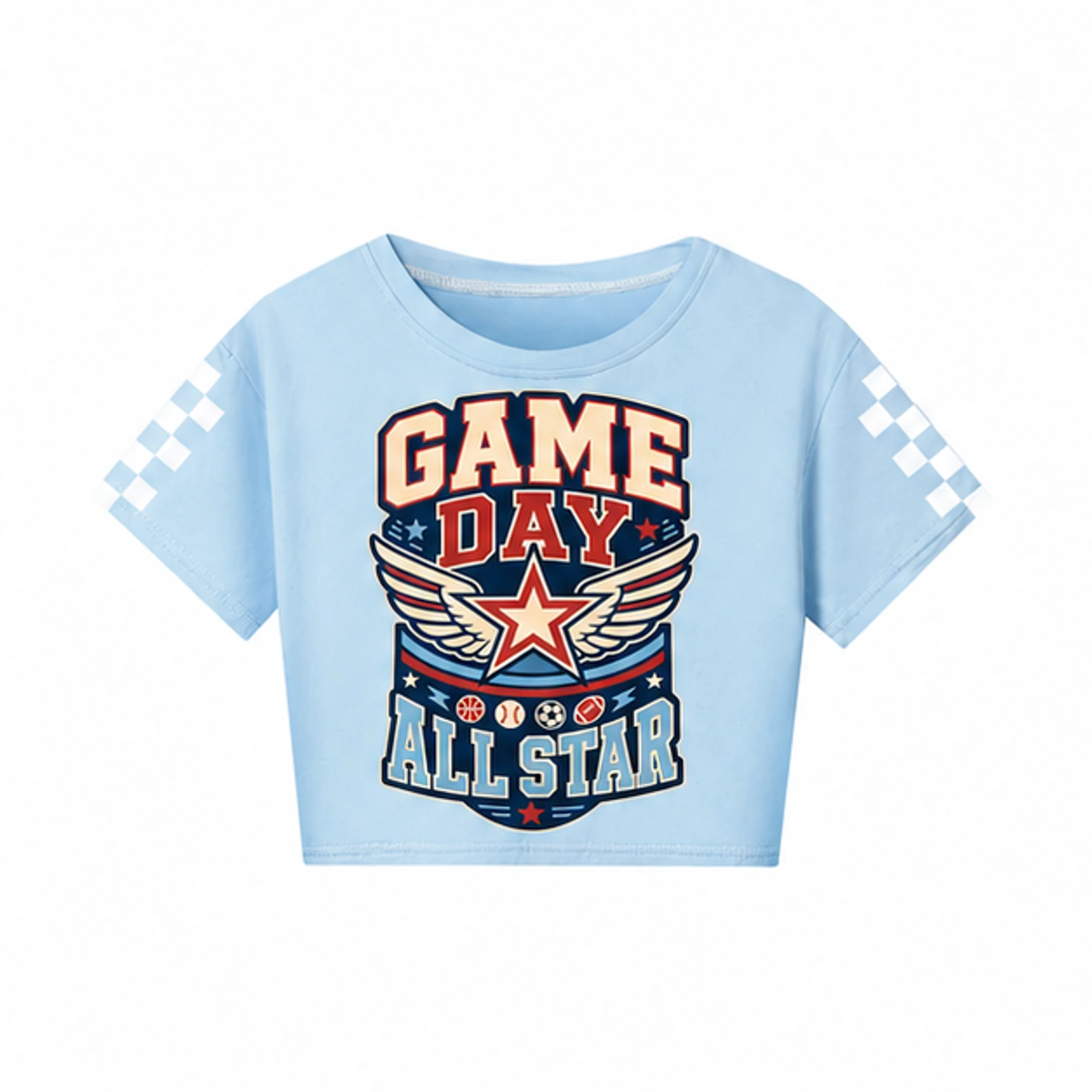 Game Day All Star Custom Kids Checker-Sleeve Cropped Short-Sleeve Top, AI-redrawn from the exact blank product and approved logo reference, alternate clean ecommerce view