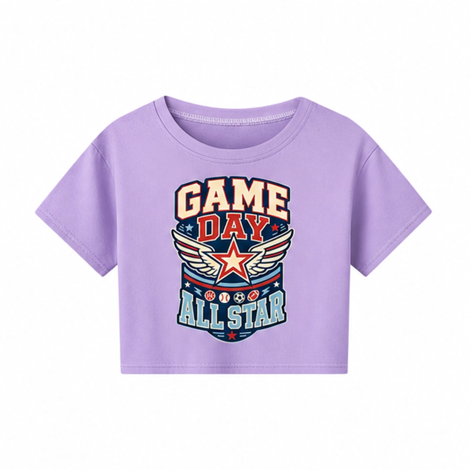 Purple option for Game Day All Star Custom Kids Cropped Short-Sleeve Top, AI-redrawn from the exact blank product and approved logo reference