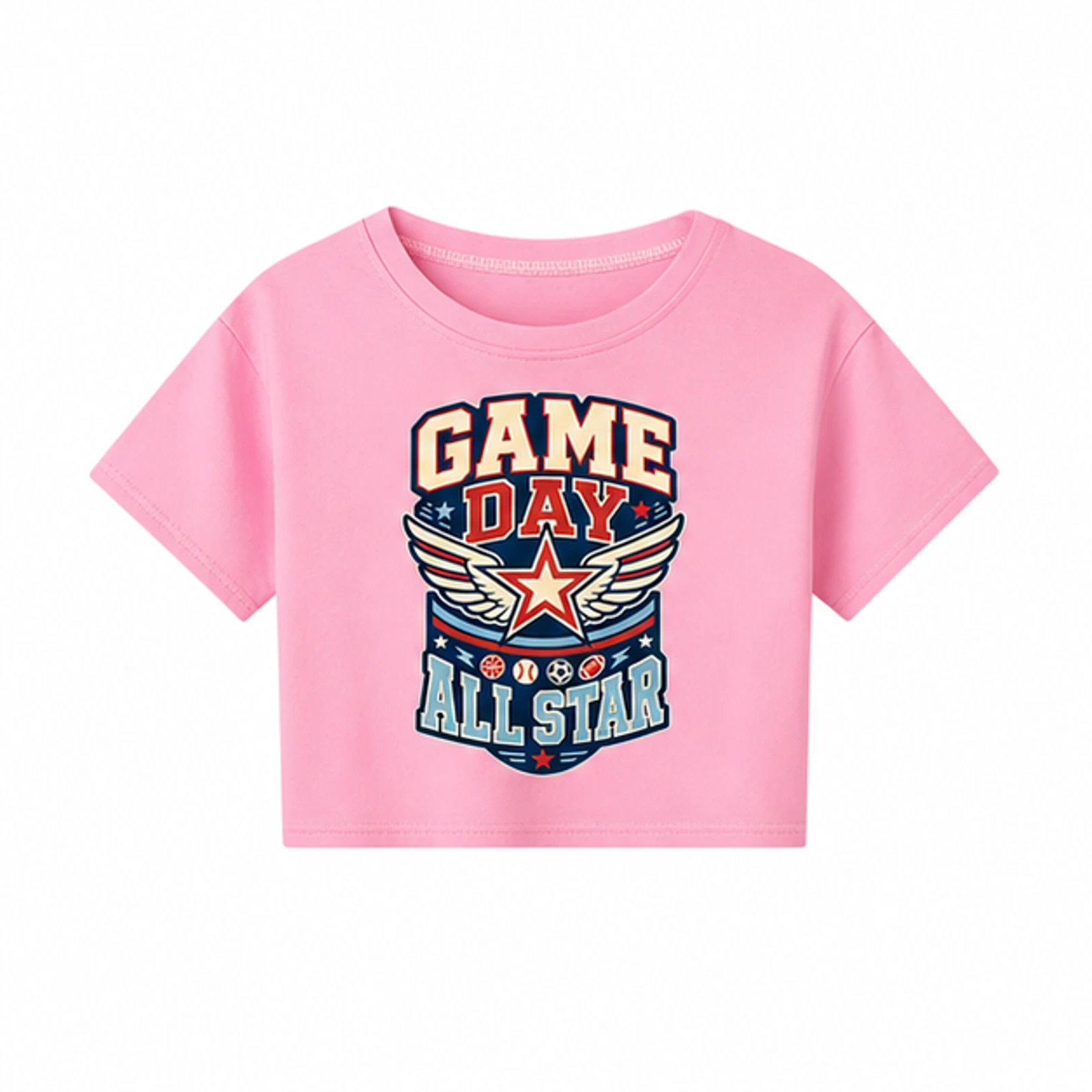 Game Day All Star Custom Kids Cropped Short-Sleeve Top, AI-redrawn from the exact blank product and approved logo reference, alternate clean ecommerce view