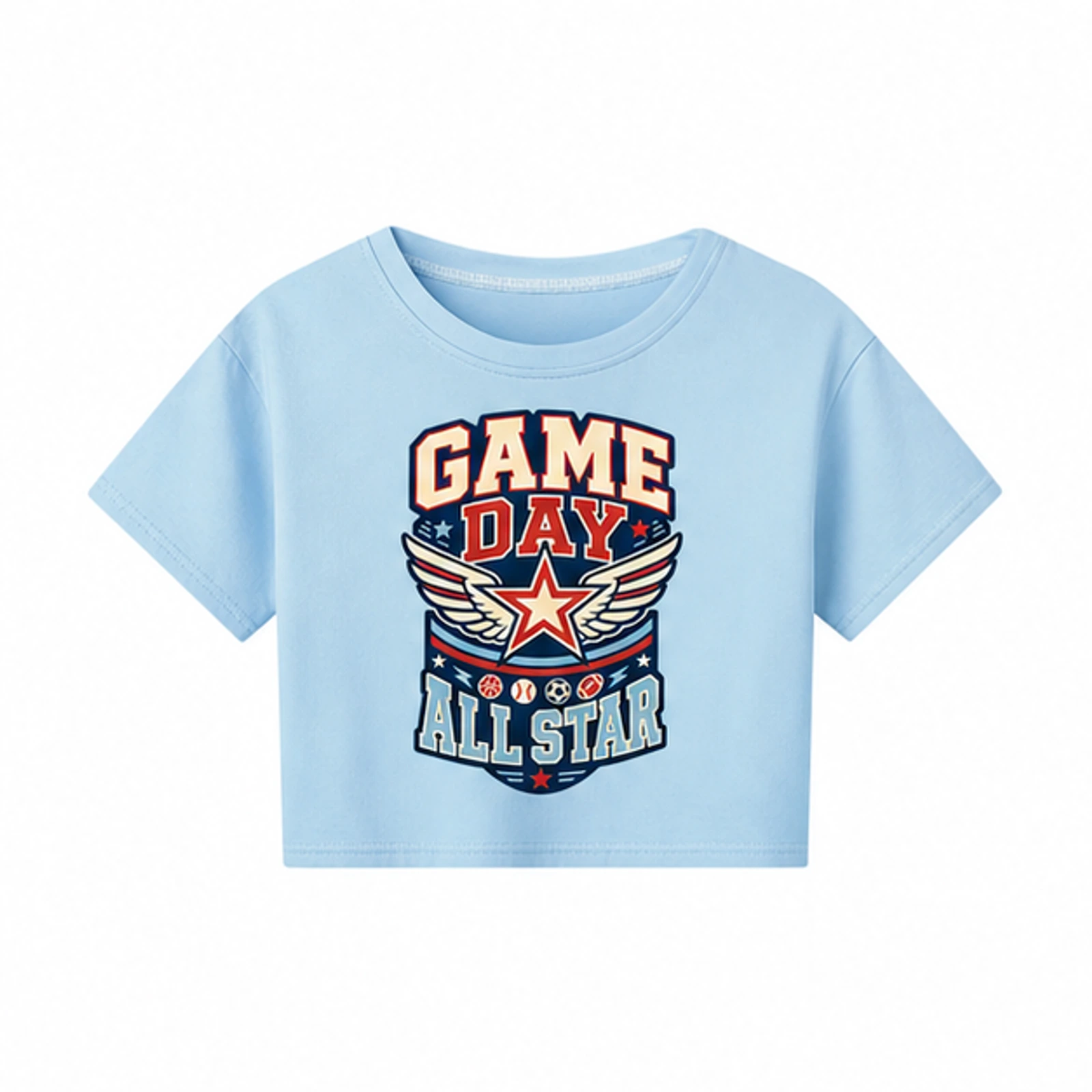 Game Day All Star Custom Kids Cropped Short-Sleeve Top, AI-redrawn from the exact blank product and approved logo reference