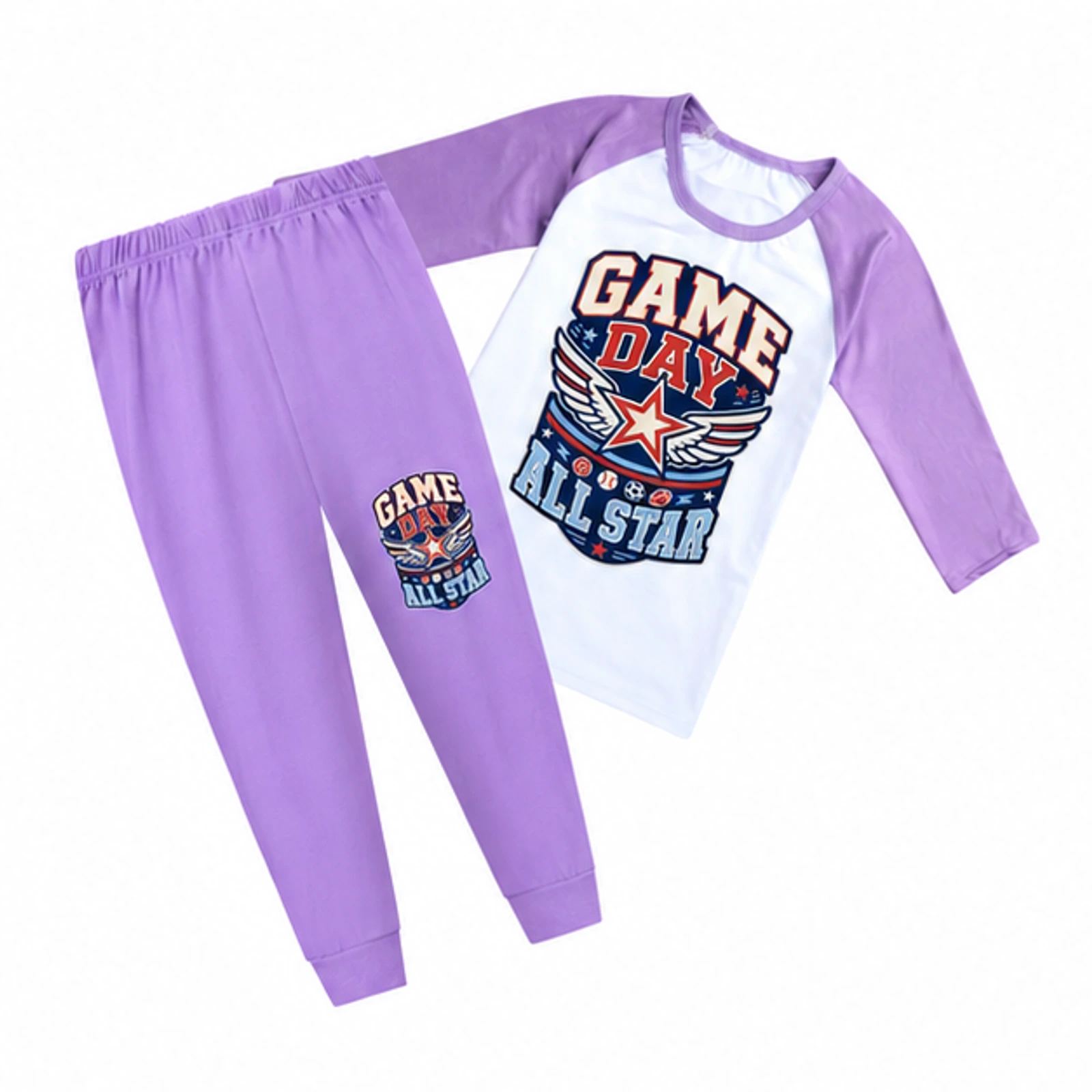 Purple · Short-Sleeve Style option for Game Day All Star Custom Kids Three-Quarter-Sleeve Raglan Top & Pants Set, AI-redrawn from the exact blank product and approved logo reference