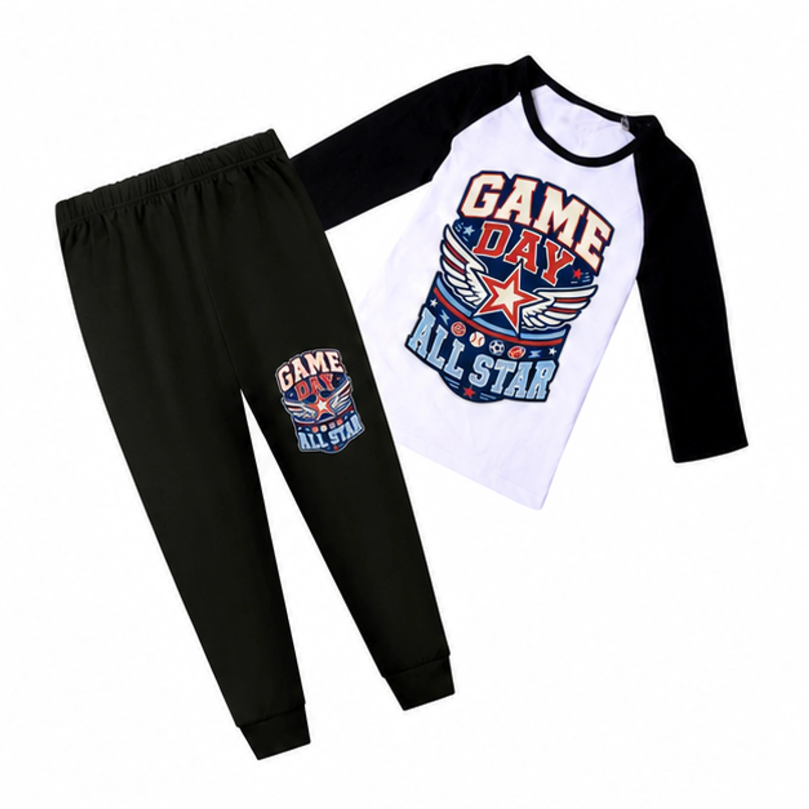 Black · Short-Sleeve Style option for Game Day All Star Custom Kids Three-Quarter-Sleeve Raglan Top & Pants Set, AI-redrawn from the exact blank product and approved logo reference