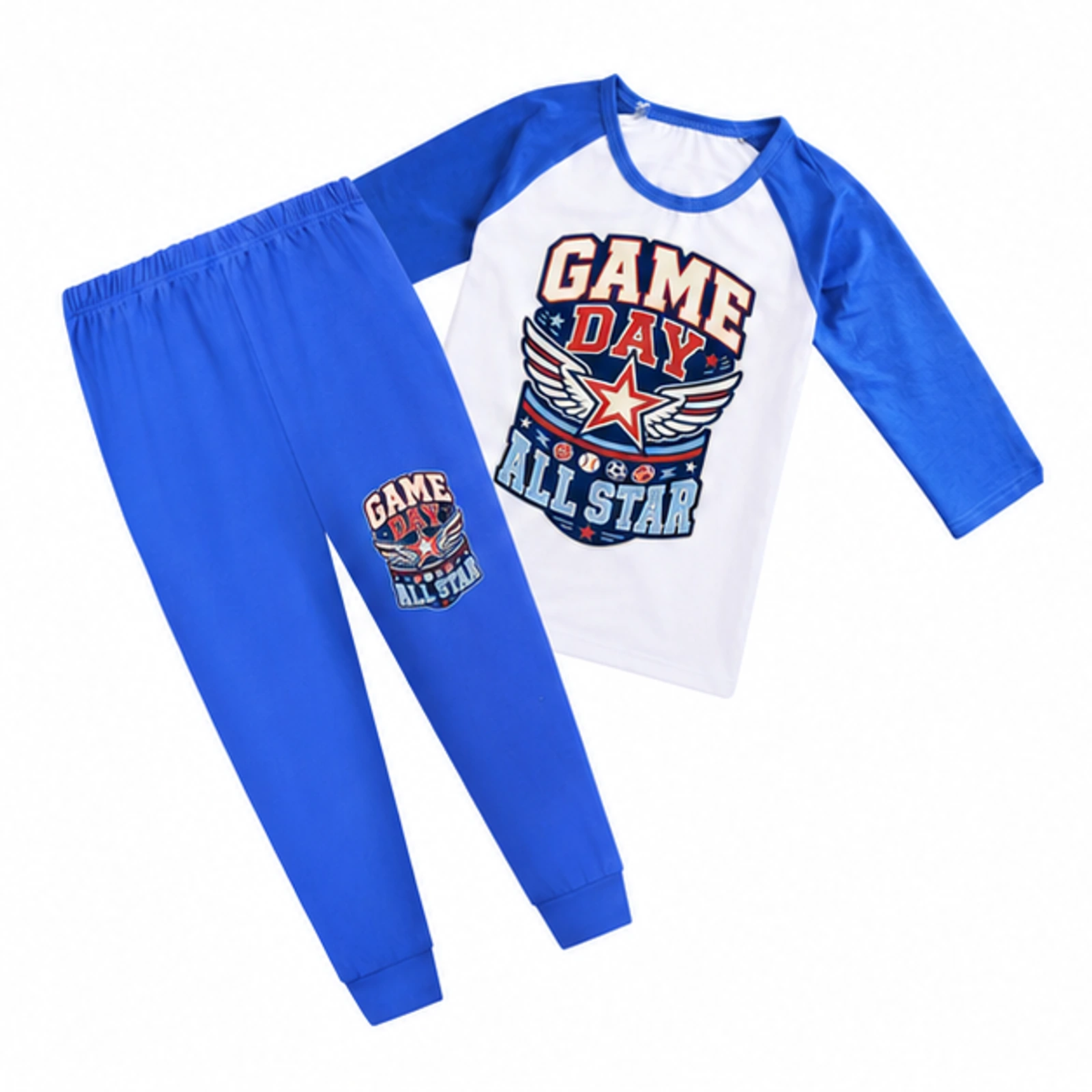 Game Day All Star Custom Kids Three-Quarter-Sleeve Raglan Top & Pants Set, AI-redrawn from the exact blank product and approved logo reference, alternate clean ecommerce view