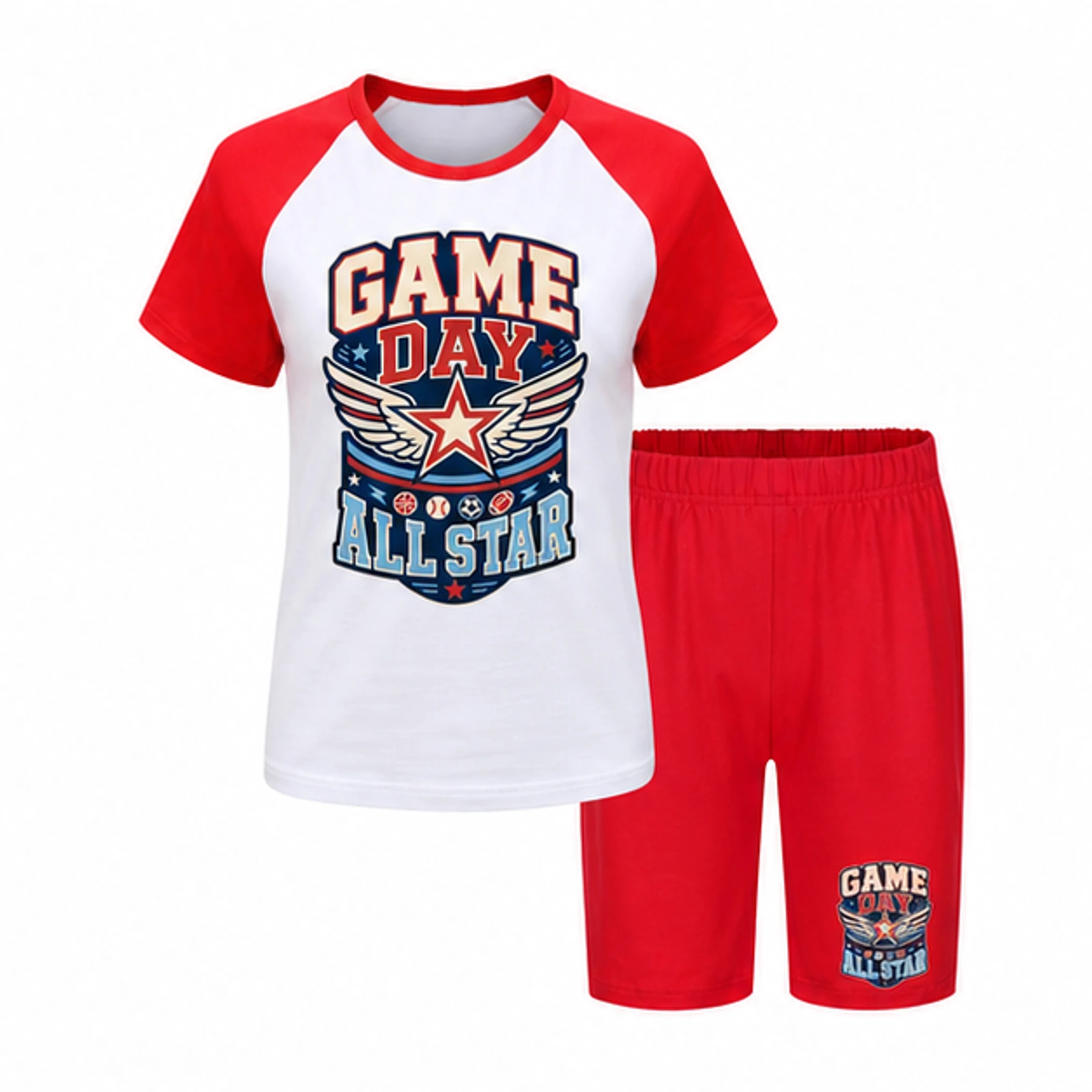 Red option for Game Day All Star Custom Kids Summer Sports Set, AI-redrawn from the exact blank product and approved logo reference
