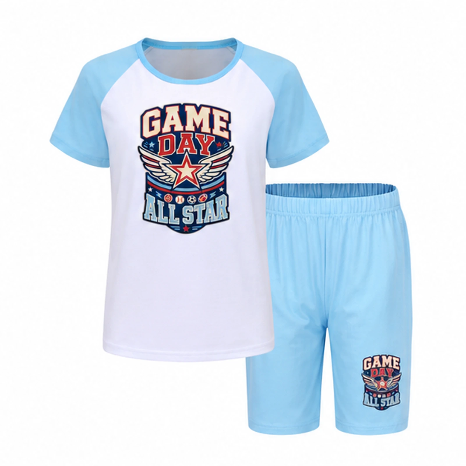 Game Day All Star Custom Kids Summer Sports Set, AI-redrawn from the exact blank product and approved logo reference, alternate approved color view