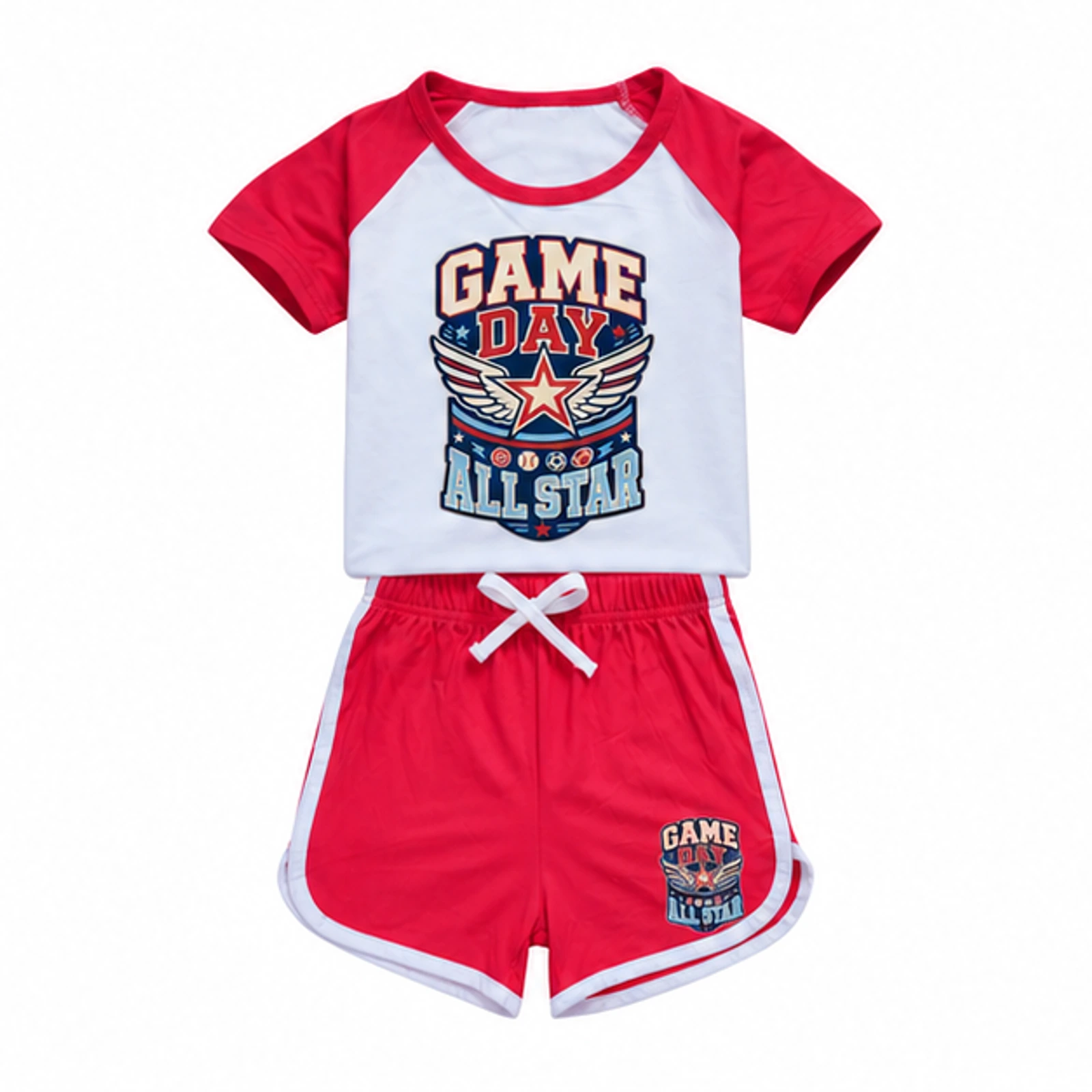 Game Day All Star Custom Kids Summer Sports Set, AI-redrawn from the exact blank product and approved logo reference, alternate clean ecommerce view