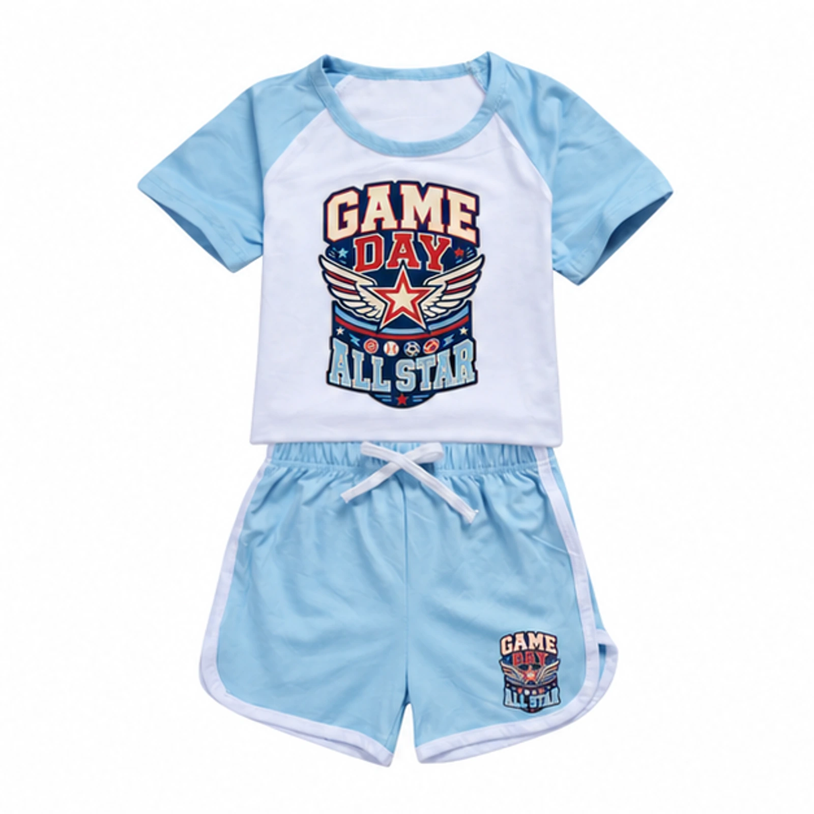 Game Day All Star Custom Kids Summer Sports Set, AI-redrawn from the exact blank product and approved logo reference