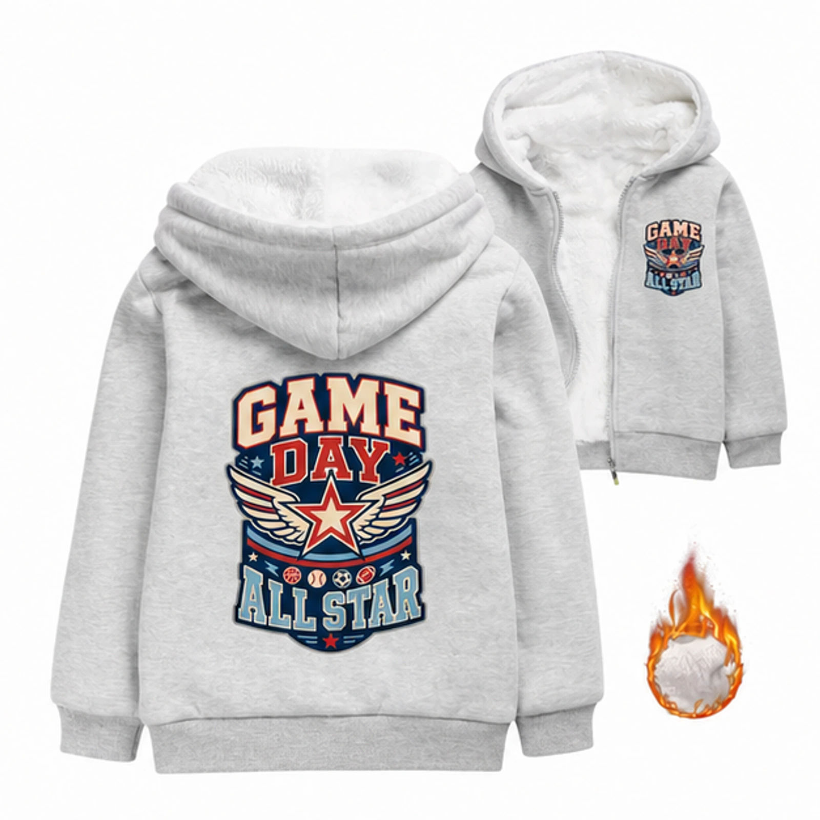 Gray option for Game Day All Star Custom Kids Thick Zip Winter Jacket, AI-redrawn from the exact blank product and approved logo reference