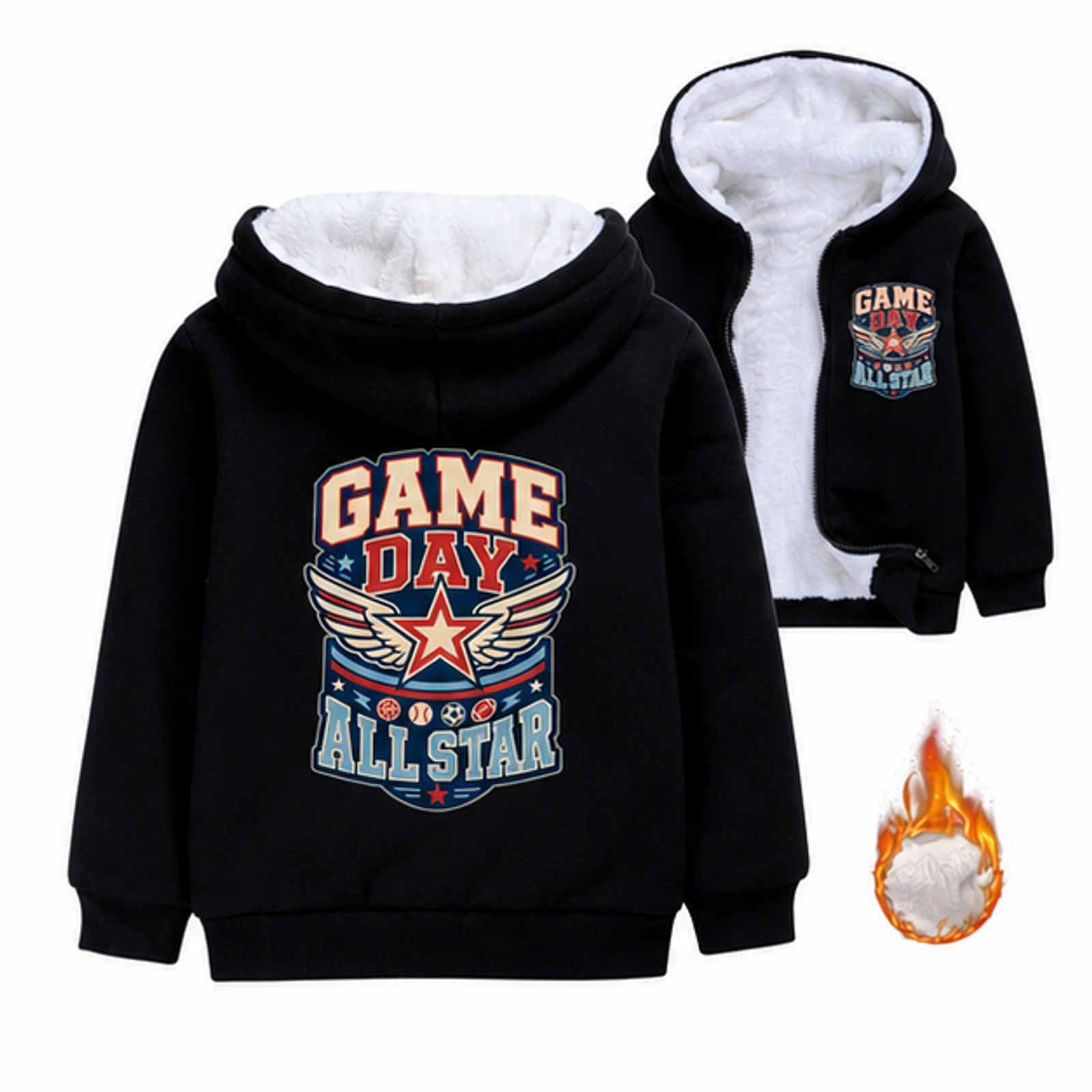 Game Day All Star Custom Kids Thick Zip Winter Jacket, AI-redrawn from the exact blank product and approved logo reference, alternate clean ecommerce view