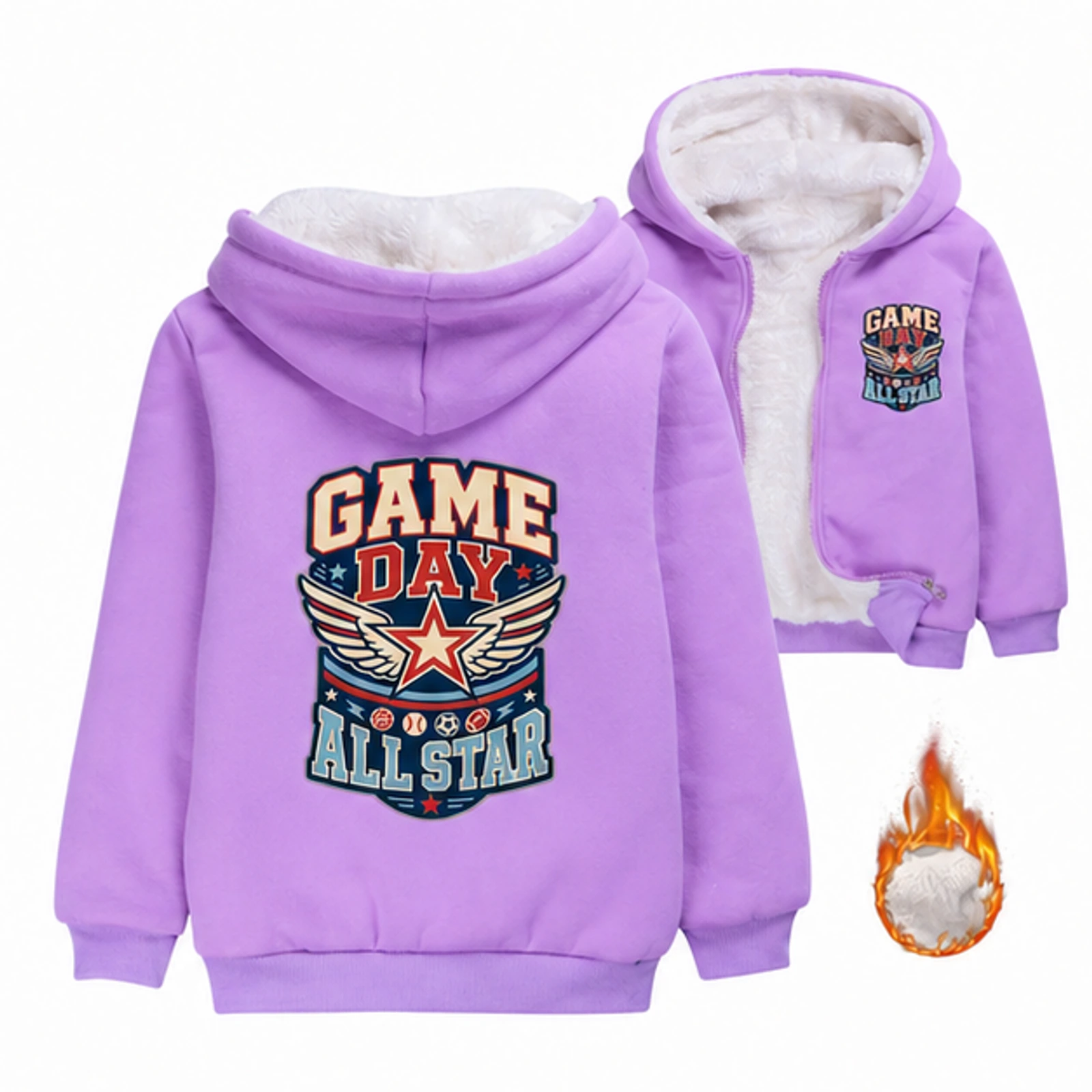 Game Day All Star Custom Kids Thick Zip Winter Jacket, AI-redrawn from the exact blank product and approved logo reference