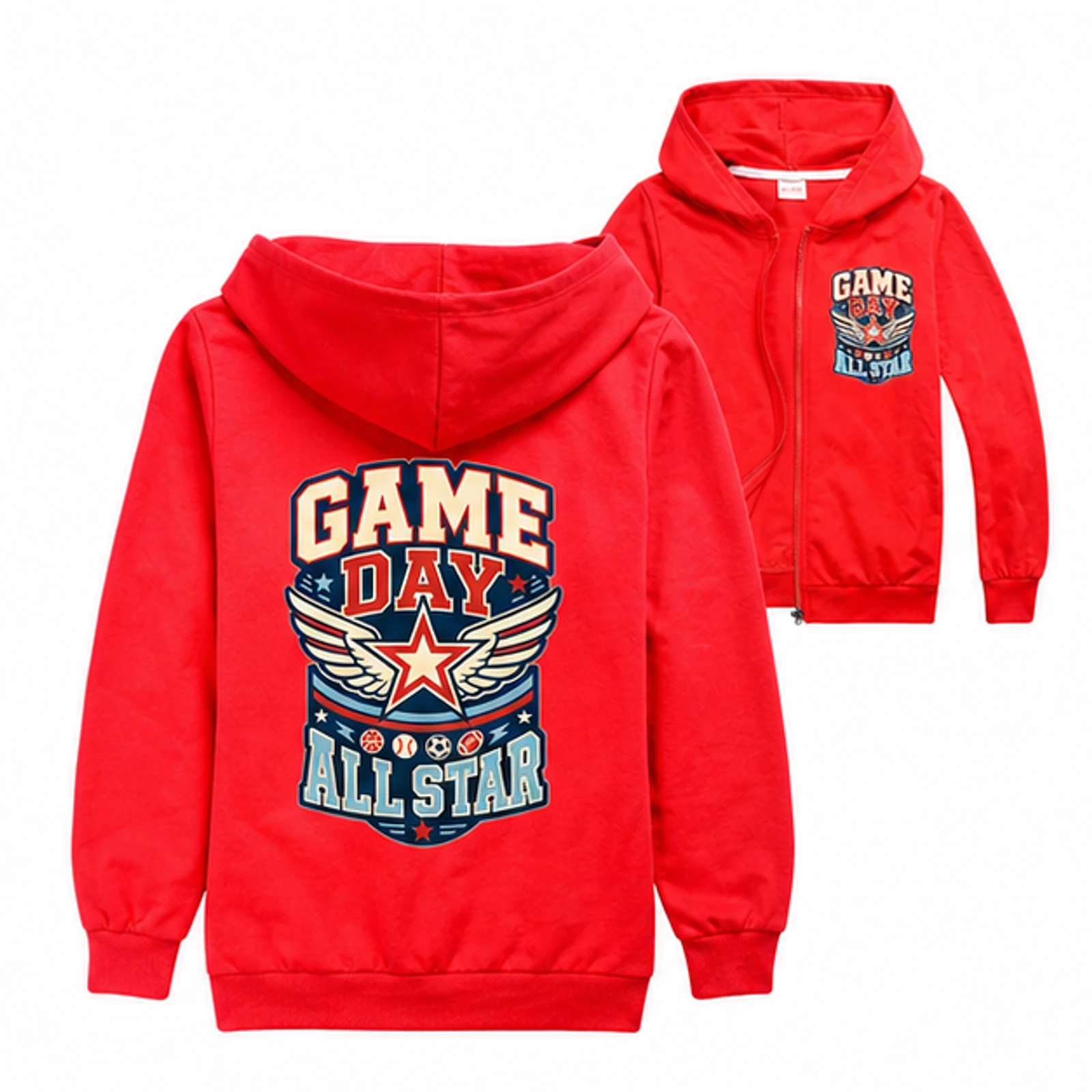 Red option for Game Day All Star Custom Kids Zip-Up Cardigan Jacket, AI-redrawn from the exact blank product and approved logo reference