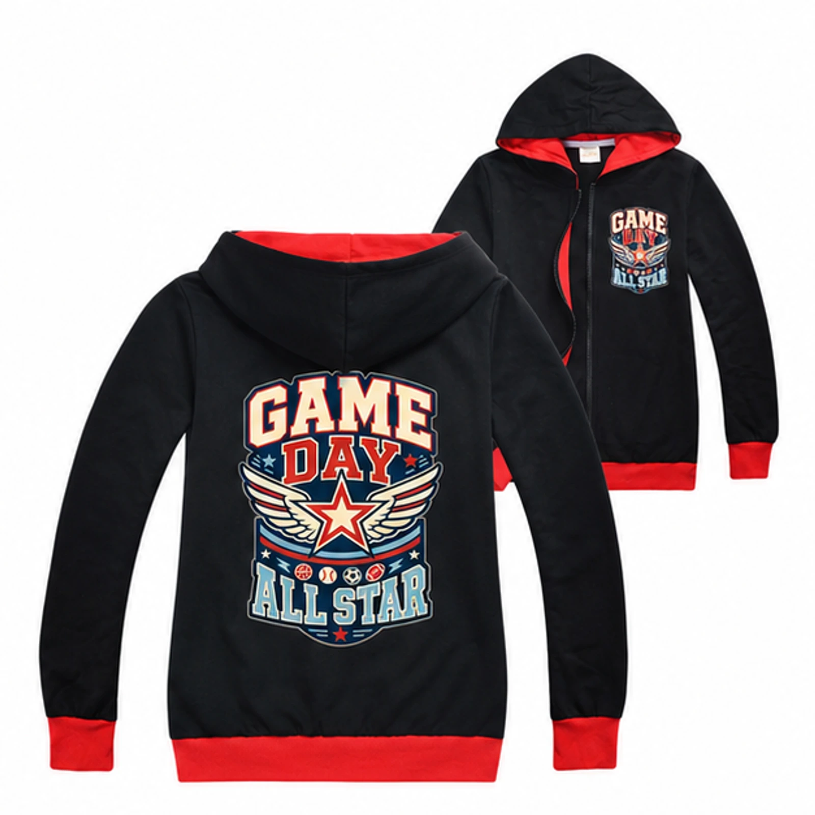 Game Day All Star Custom Kids Zip-Up Cardigan Jacket, AI-redrawn from the exact blank product and approved logo reference, alternate approved color view