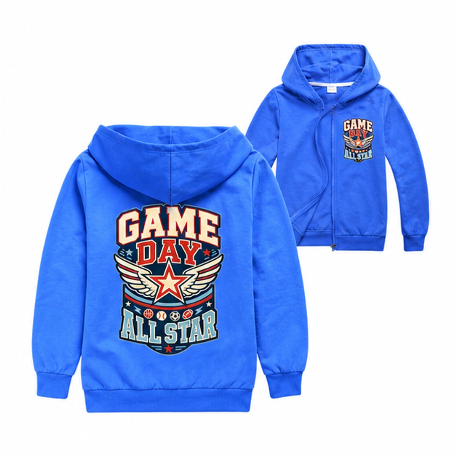 Game Day All Star Custom Kids Zip-Up Cardigan Jacket, AI-redrawn from the exact blank product and approved logo reference, alternate clean ecommerce view