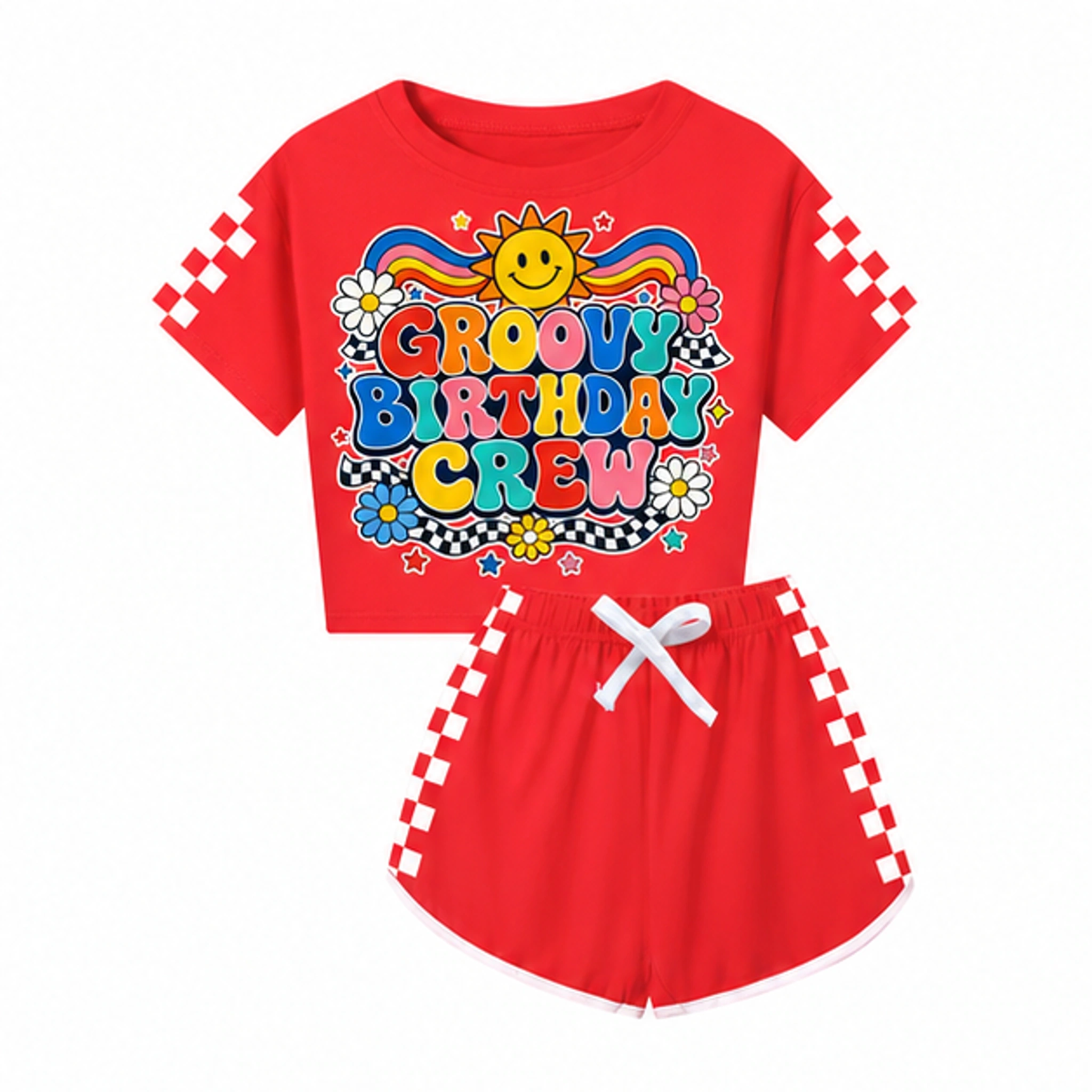 Groovy Birthday Crew Family Checker Short-Sleeve Top and Shorts Set for Kids in the selected color