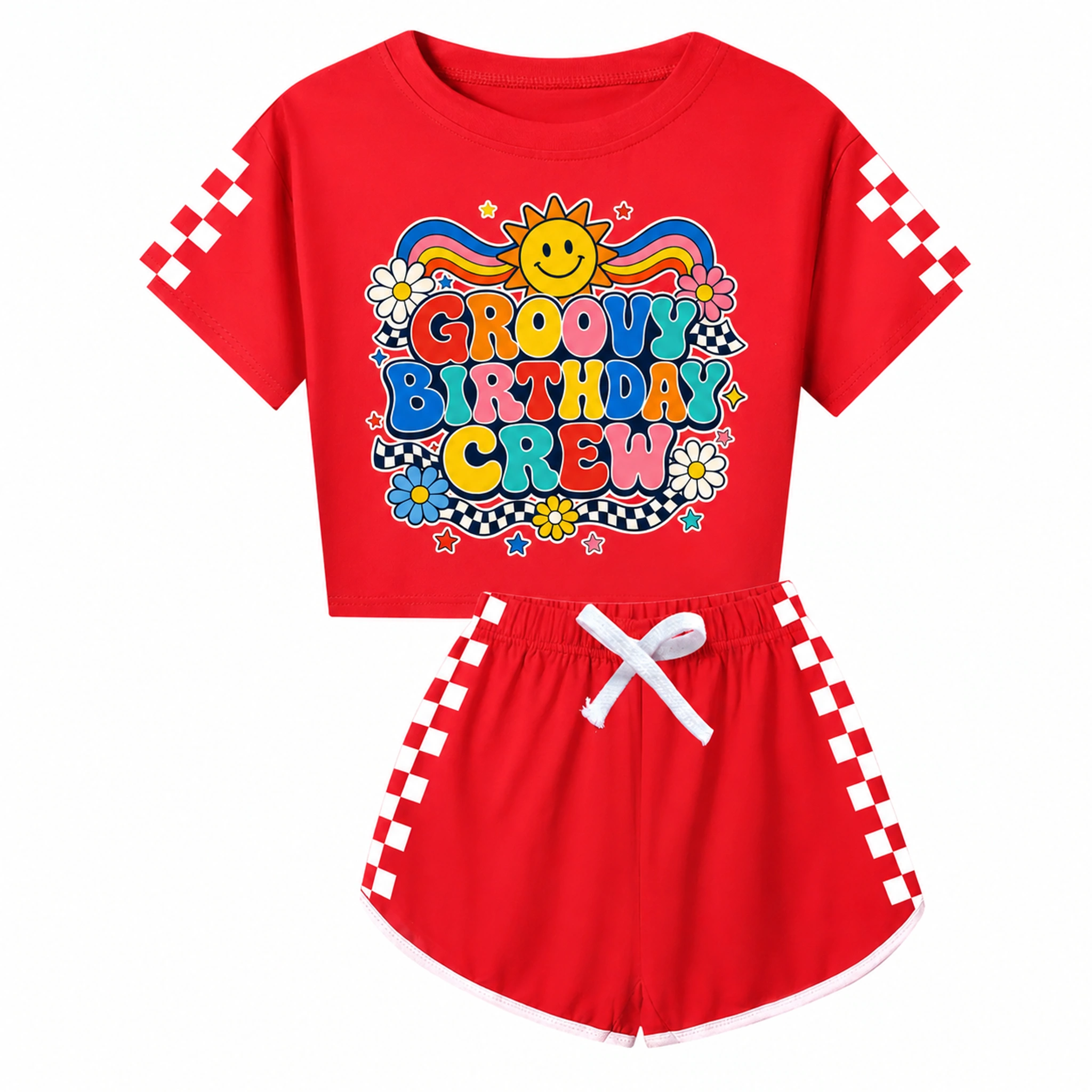 Groovy Birthday Crew Family Checker Short-Sleeve Top and Shorts Set for Kids product preview