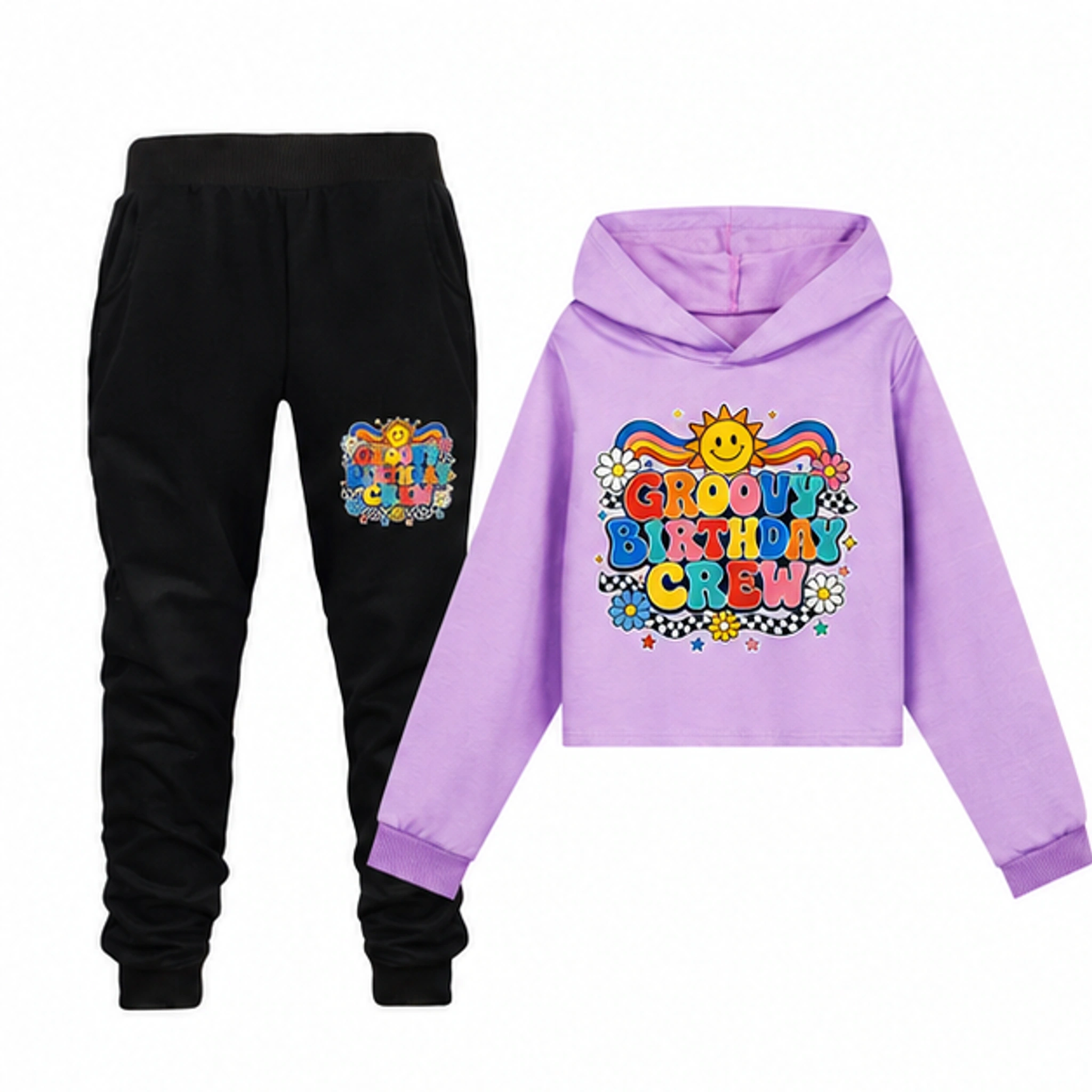 Groovy Birthday Crew Girls Cropped Hoodie and Pants Set for Kids in the selected color