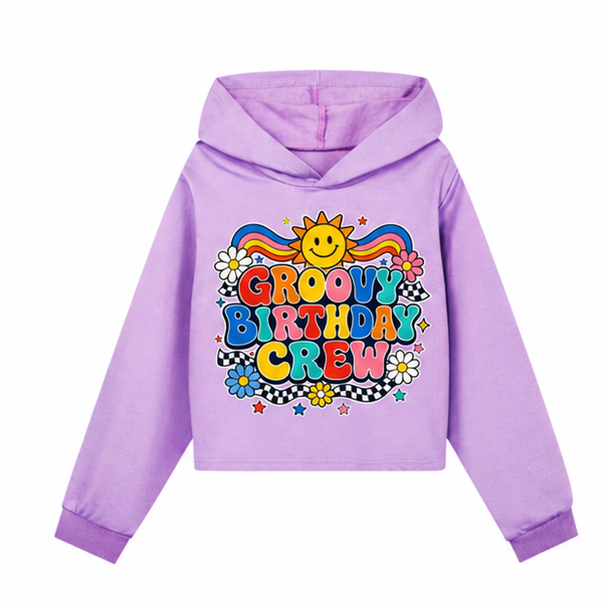 Groovy Birthday Crew Girls Cropped Hoodie for Kids in the selected color