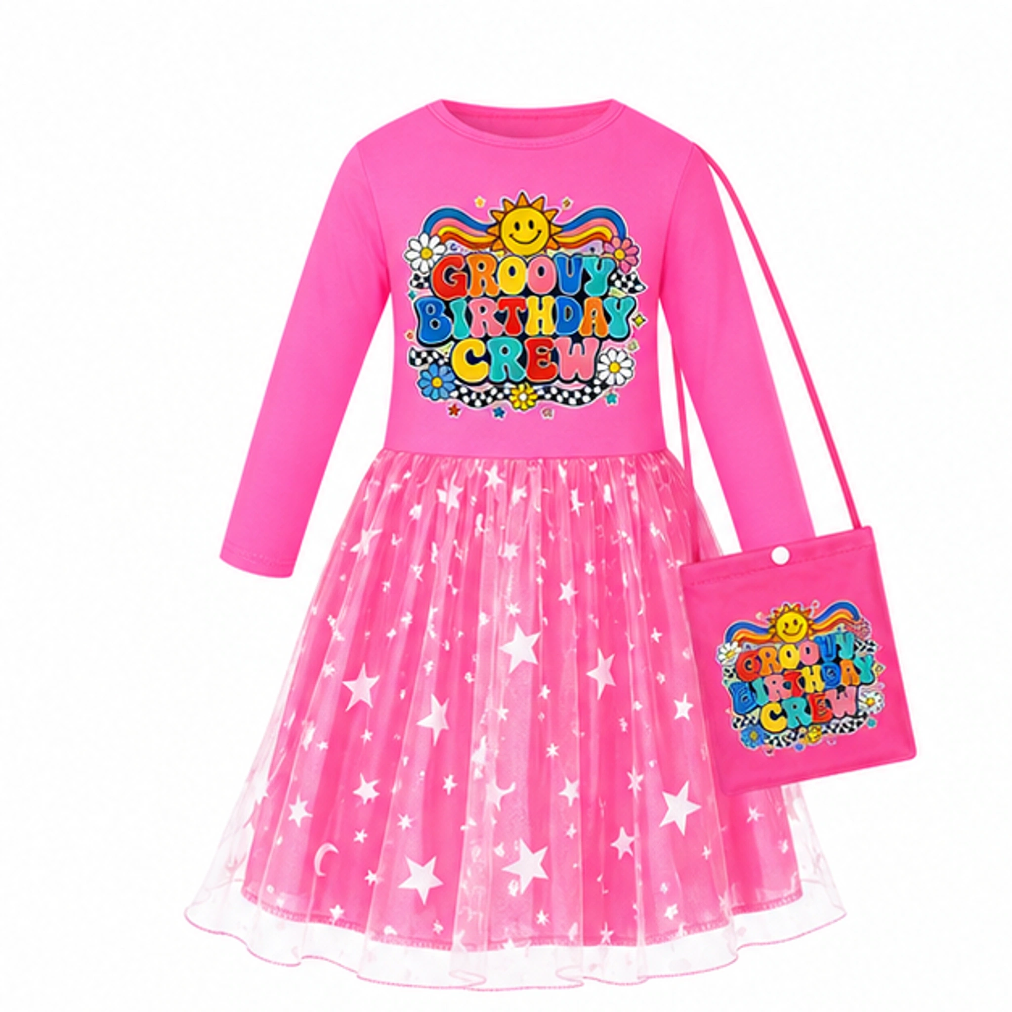 Groovy Birthday Crew Girls Long Tulle and Star Skirt Styles with Bag for Kids in the selected color